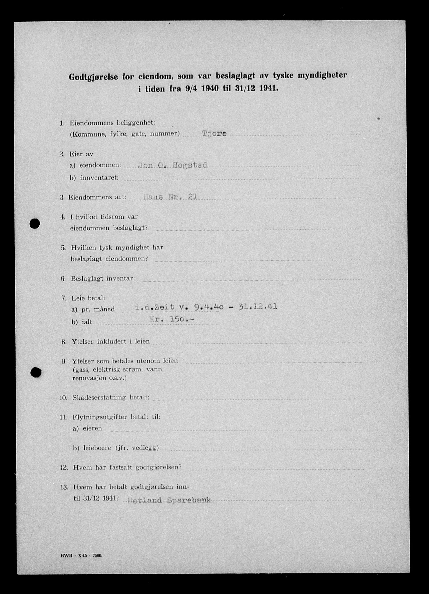 Justisdepartementet, Tilbakeføringskontoret for inndratte formuer, AV/RA-S-1564/I/L1014: Godtgjørelse for beslaglagt eiendom, 1940-1941, p. 342