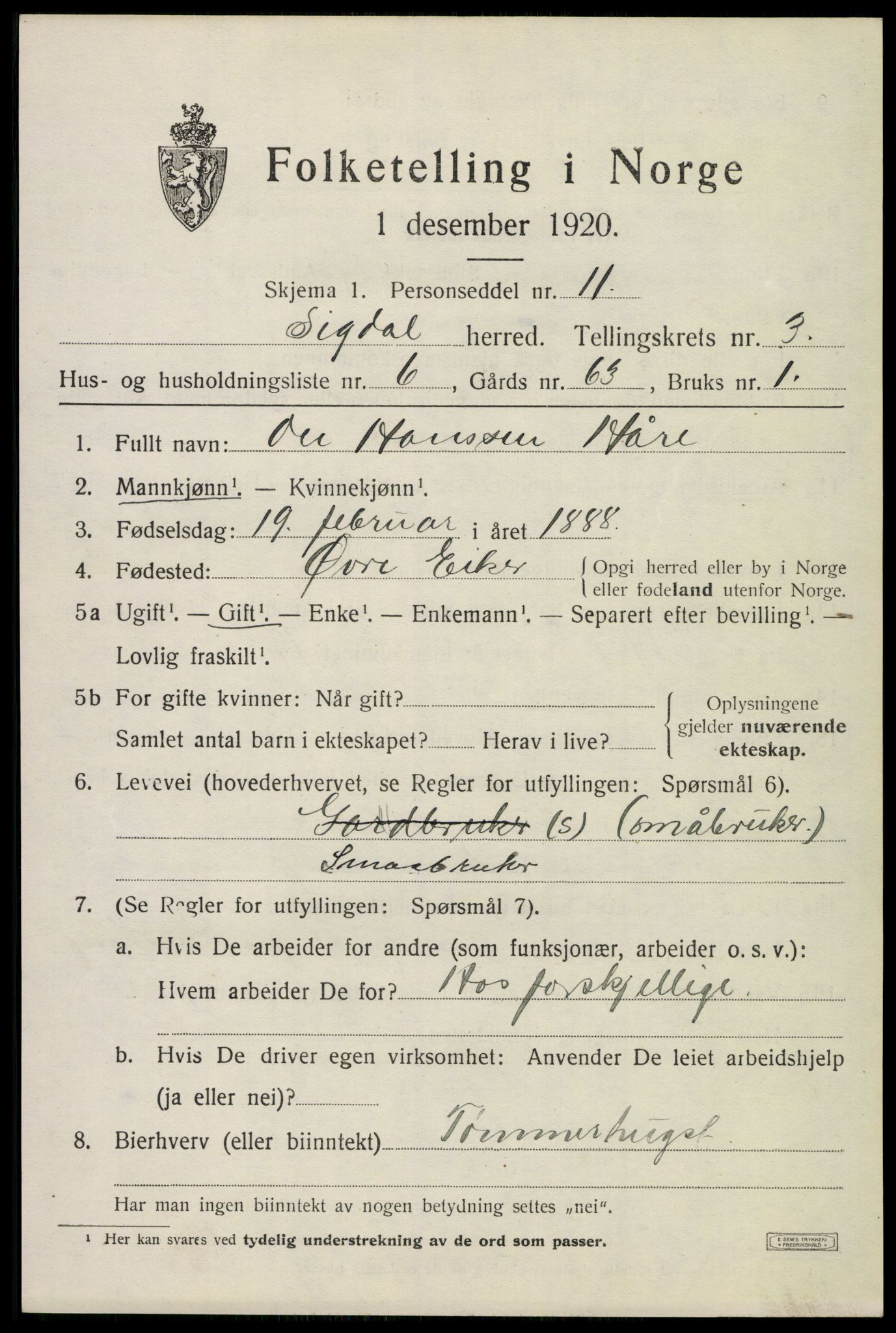 SAKO, 1920 census for Sigdal, 1920, p. 2850