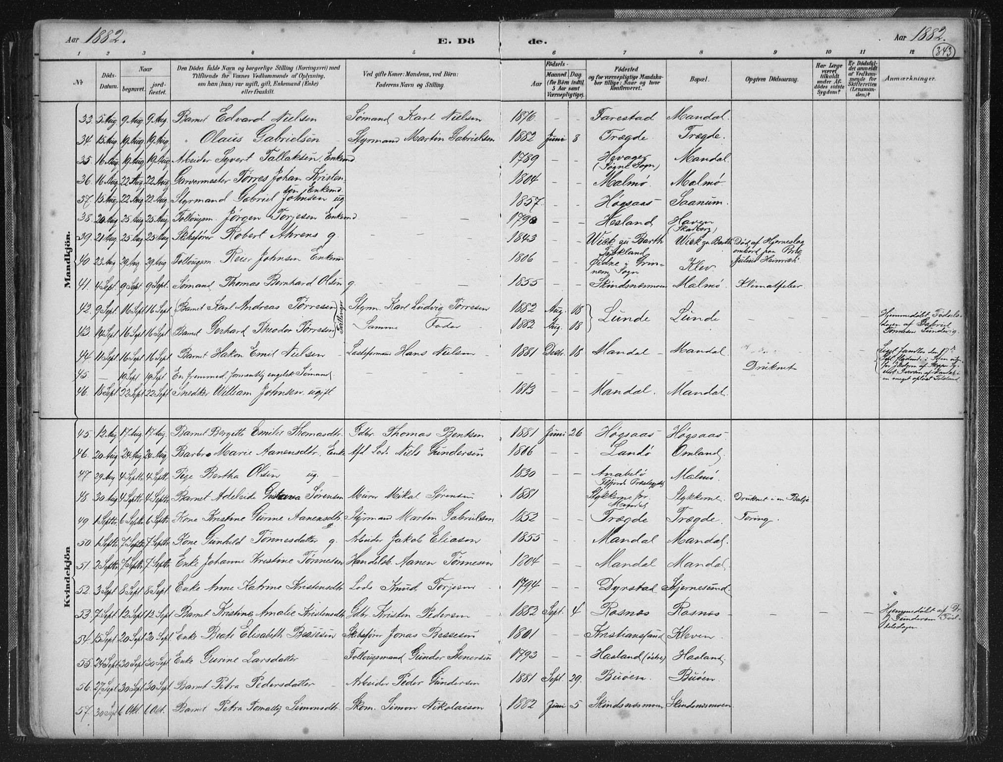 Mandal sokneprestkontor, AV/SAK-1111-0030/F/Fb/Fba/L0011: Parish register (copy) no. B 5, 1880-1898, p. 343