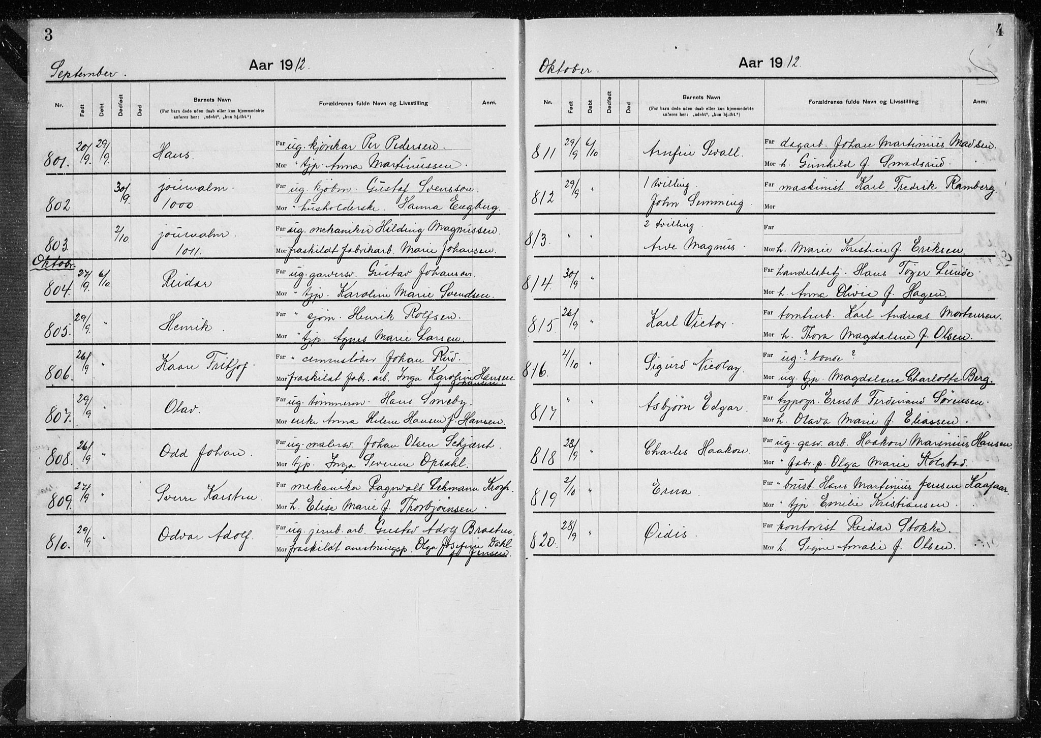 Rikshospitalet prestekontor Kirkebøker, AV/SAO-A-10309b/K/L0007/0002: Baptism register no. 7.2, 1912-1914, p. 3-4