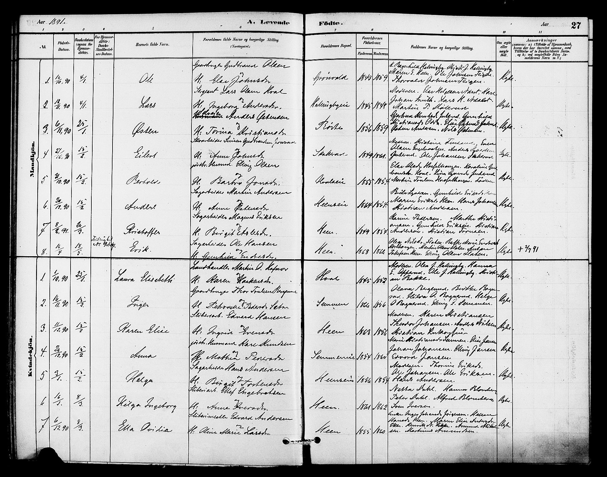Ådal kirkebøker, SAKO/A-248/F/Fb/L0001: Parish register (official) no. II 1, 1884-1897, p. 27