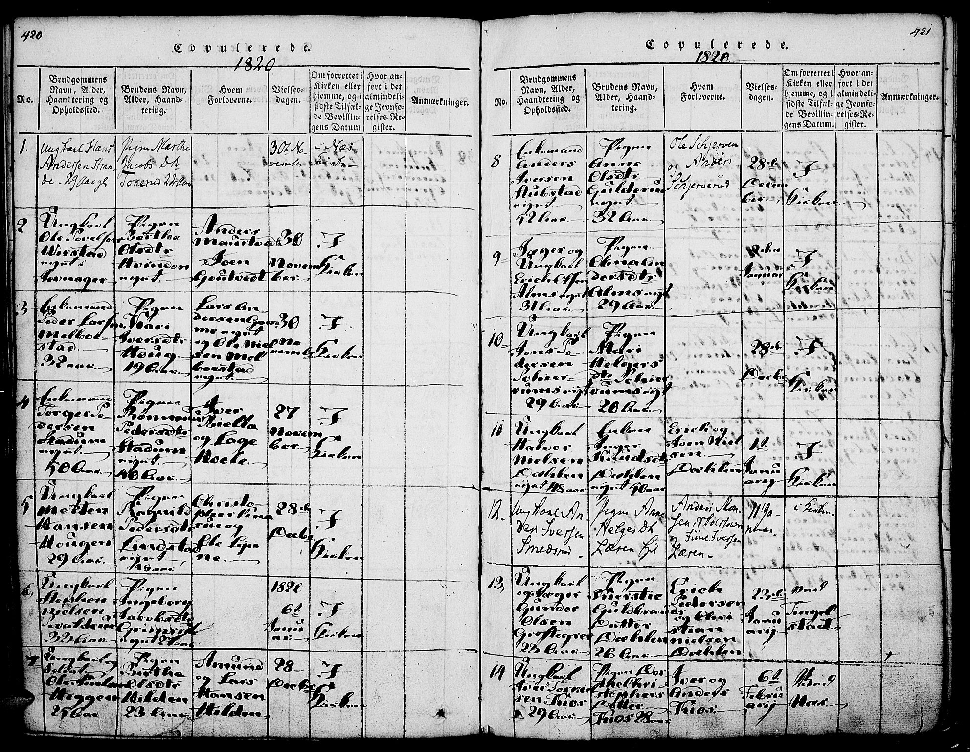 Gran prestekontor, SAH/PREST-112/H/Ha/Haa/L0009: Parish register (official) no. 9, 1815-1824, p. 420-421