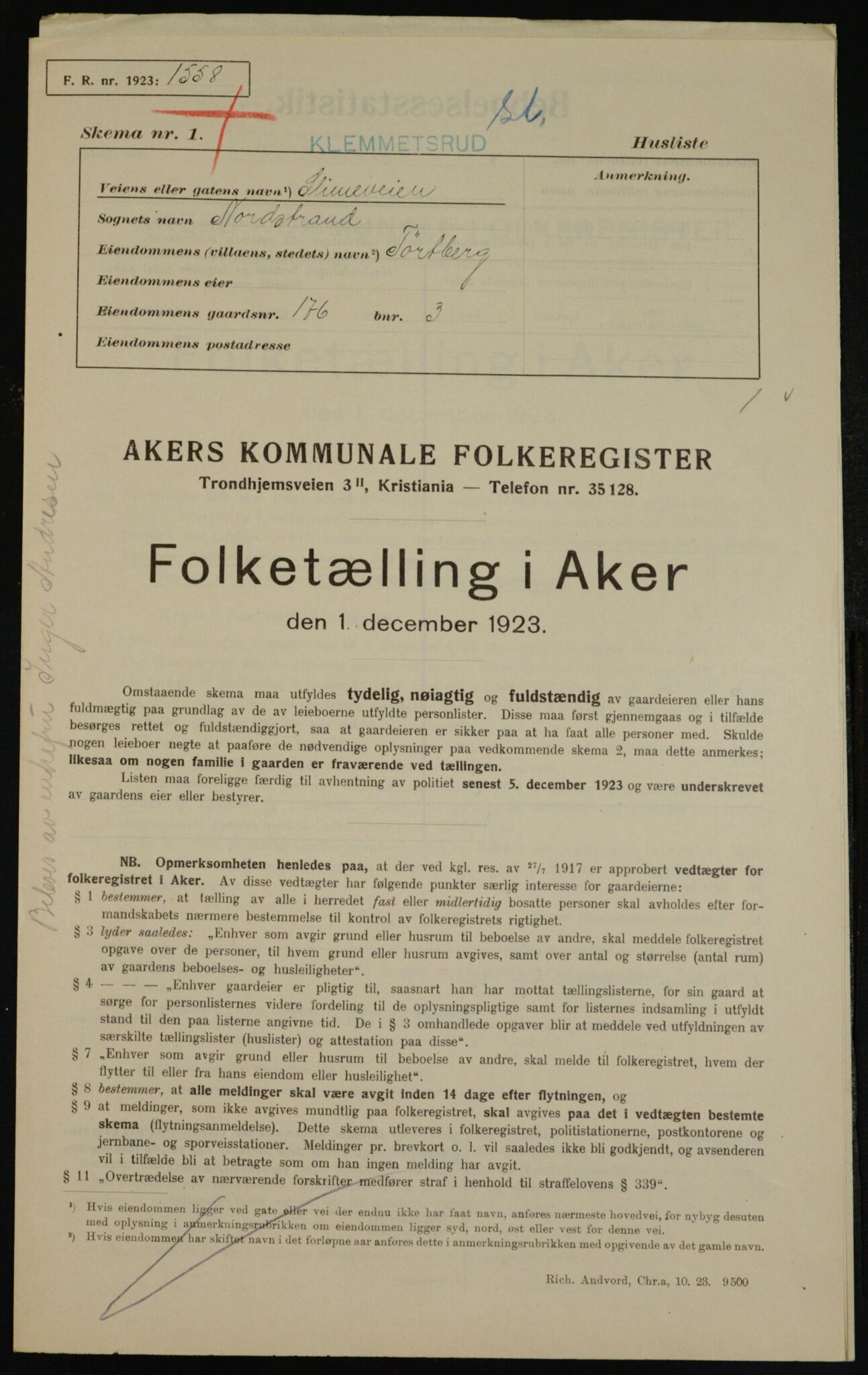 , Municipal Census 1923 for Aker, 1923, p. 45470