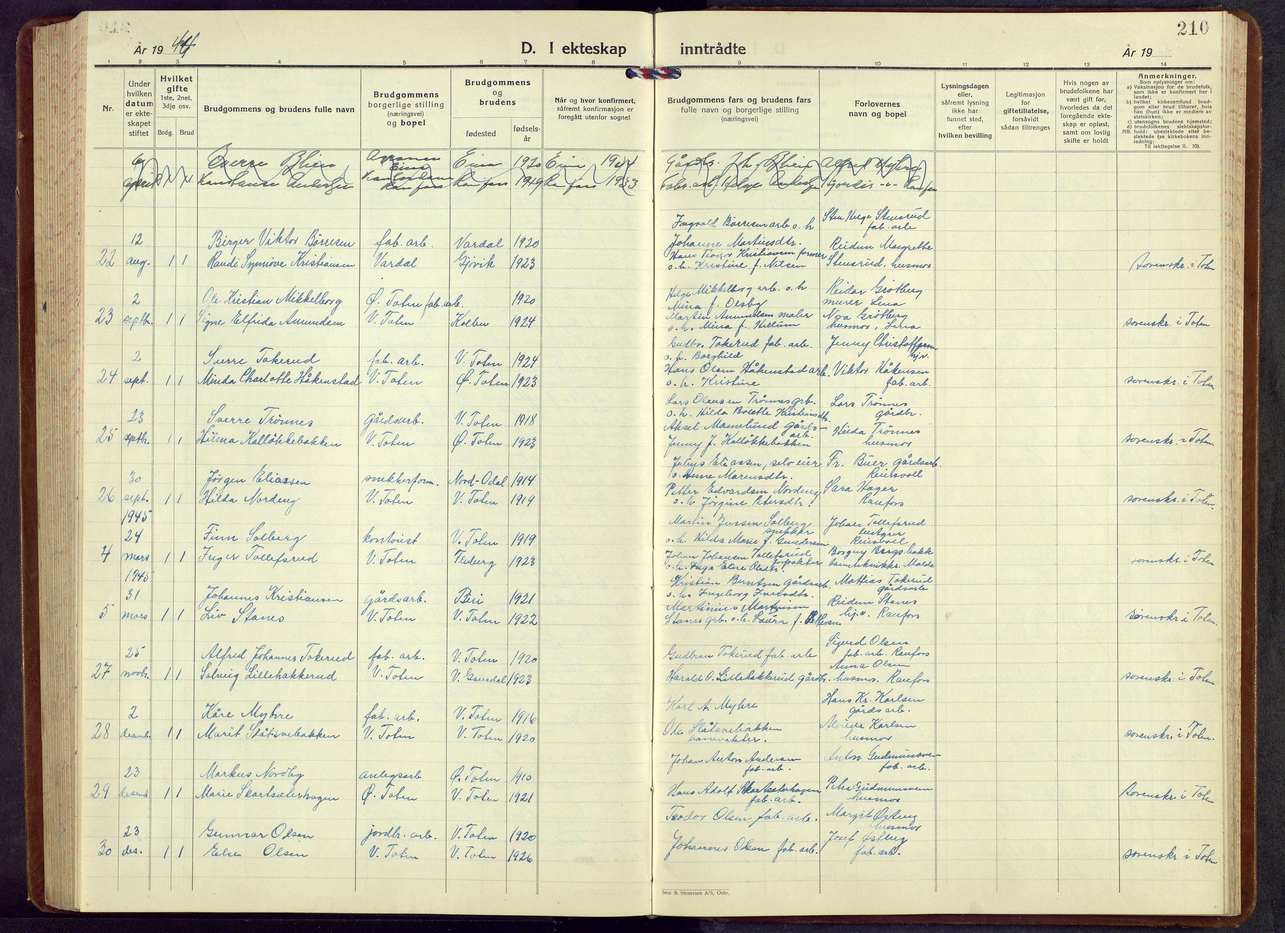 Vestre Toten prestekontor, SAH/PREST-108/H/Ha/Hab/L0013: Parish register (copy) no. 13, 1940-1956, p. 210