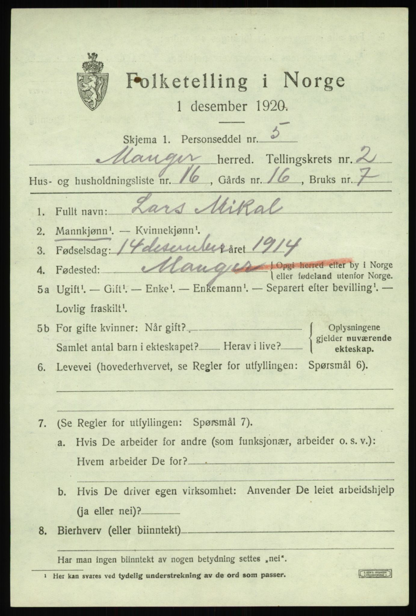 SAB, 1920 census for Manger, 1920, p. 2175