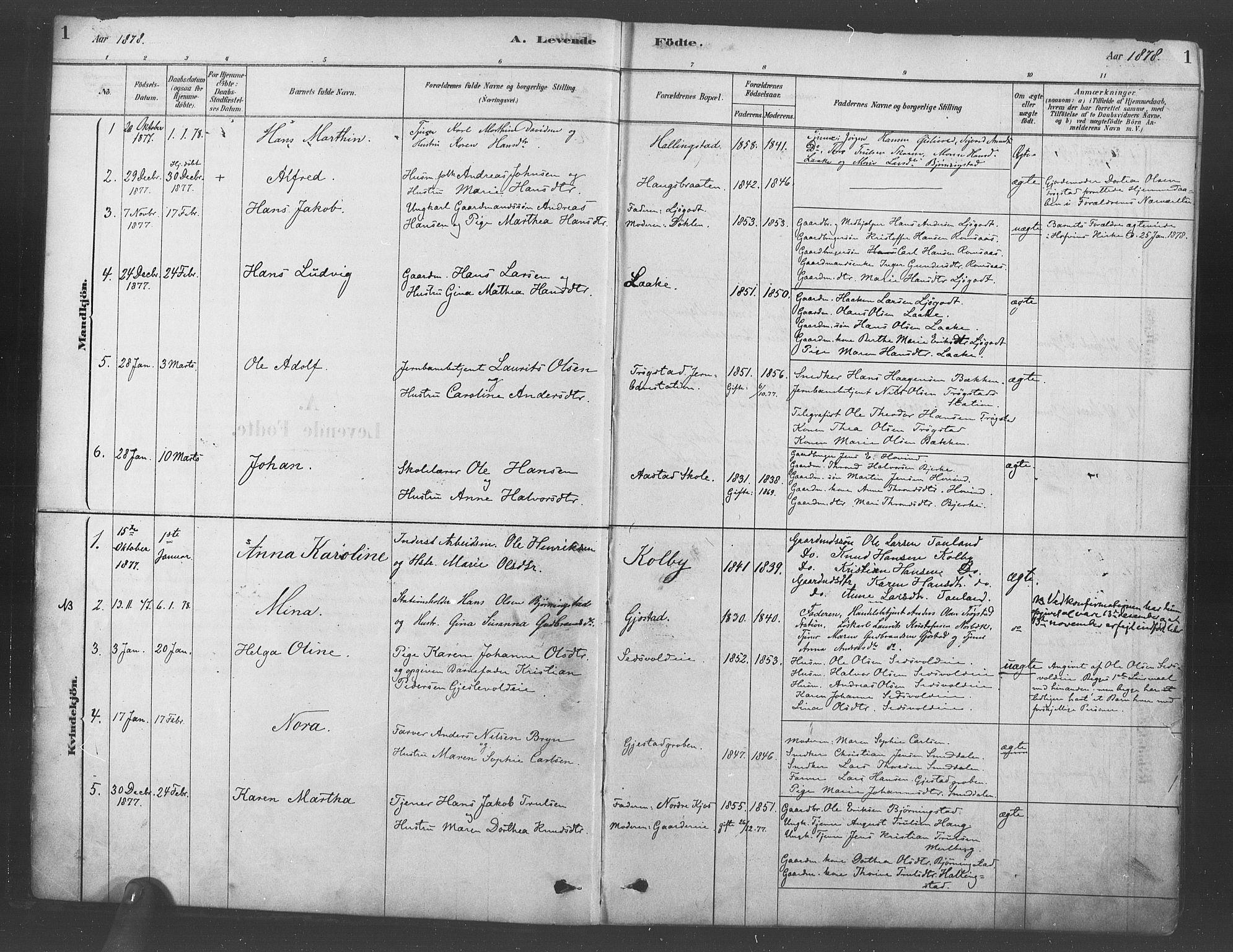 Ullensaker prestekontor Kirkebøker, AV/SAO-A-10236a/F/Fb/L0001: Parish register (official) no. II 1, 1878-1893, p. 1