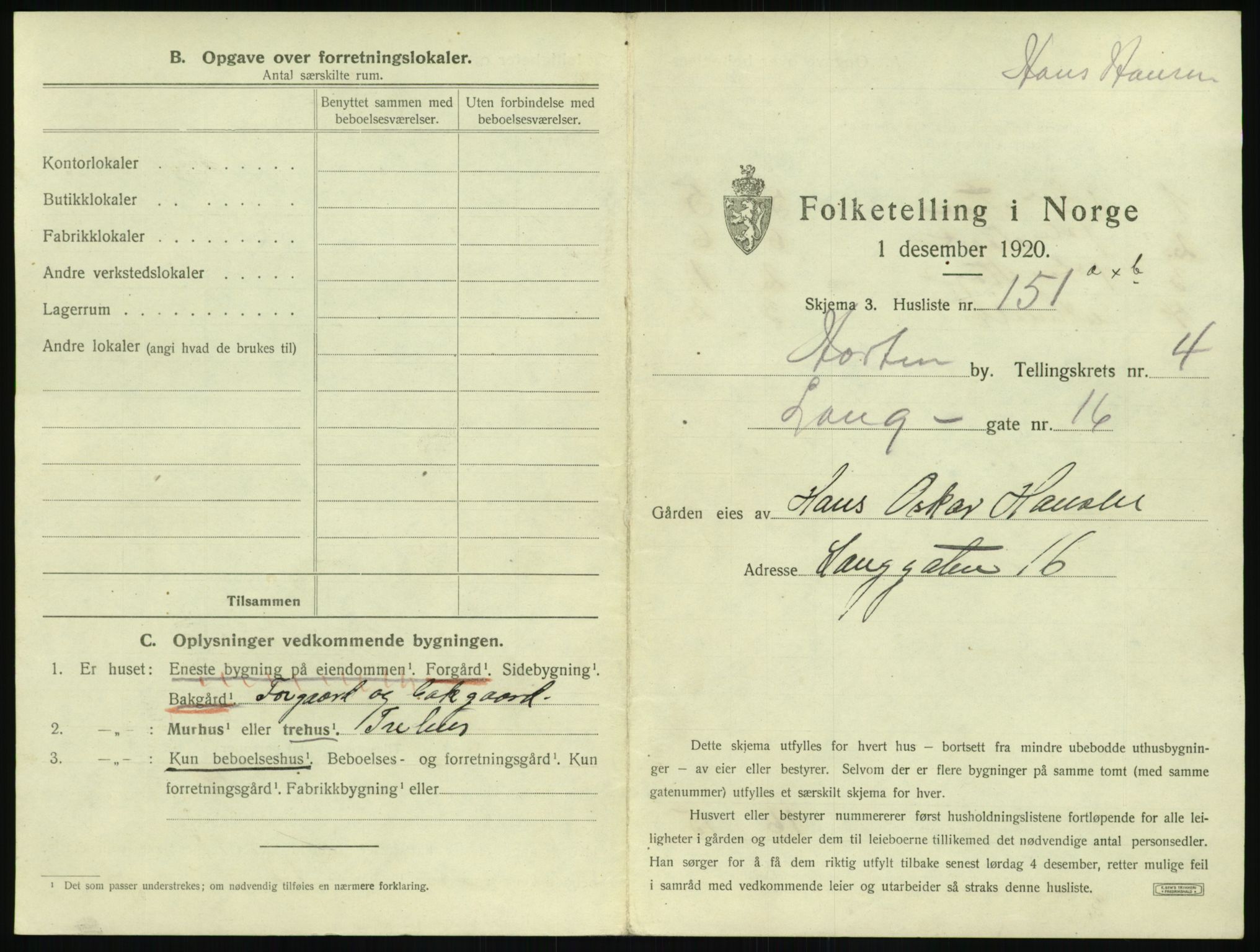 SAKO, 1920 census for Horten, 1920, p. 1521