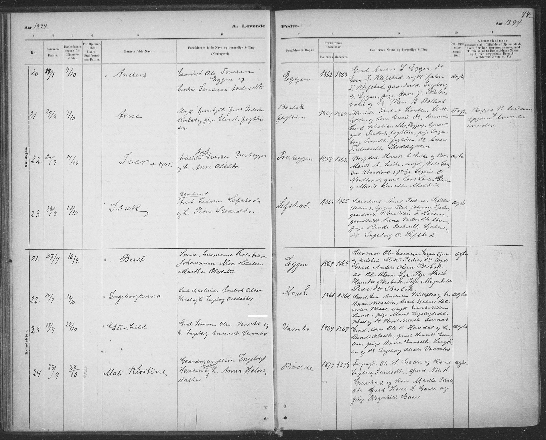 Ministerialprotokoller, klokkerbøker og fødselsregistre - Sør-Trøndelag, AV/SAT-A-1456/691/L1085: Parish register (official) no. 691A17, 1887-1908, p. 44