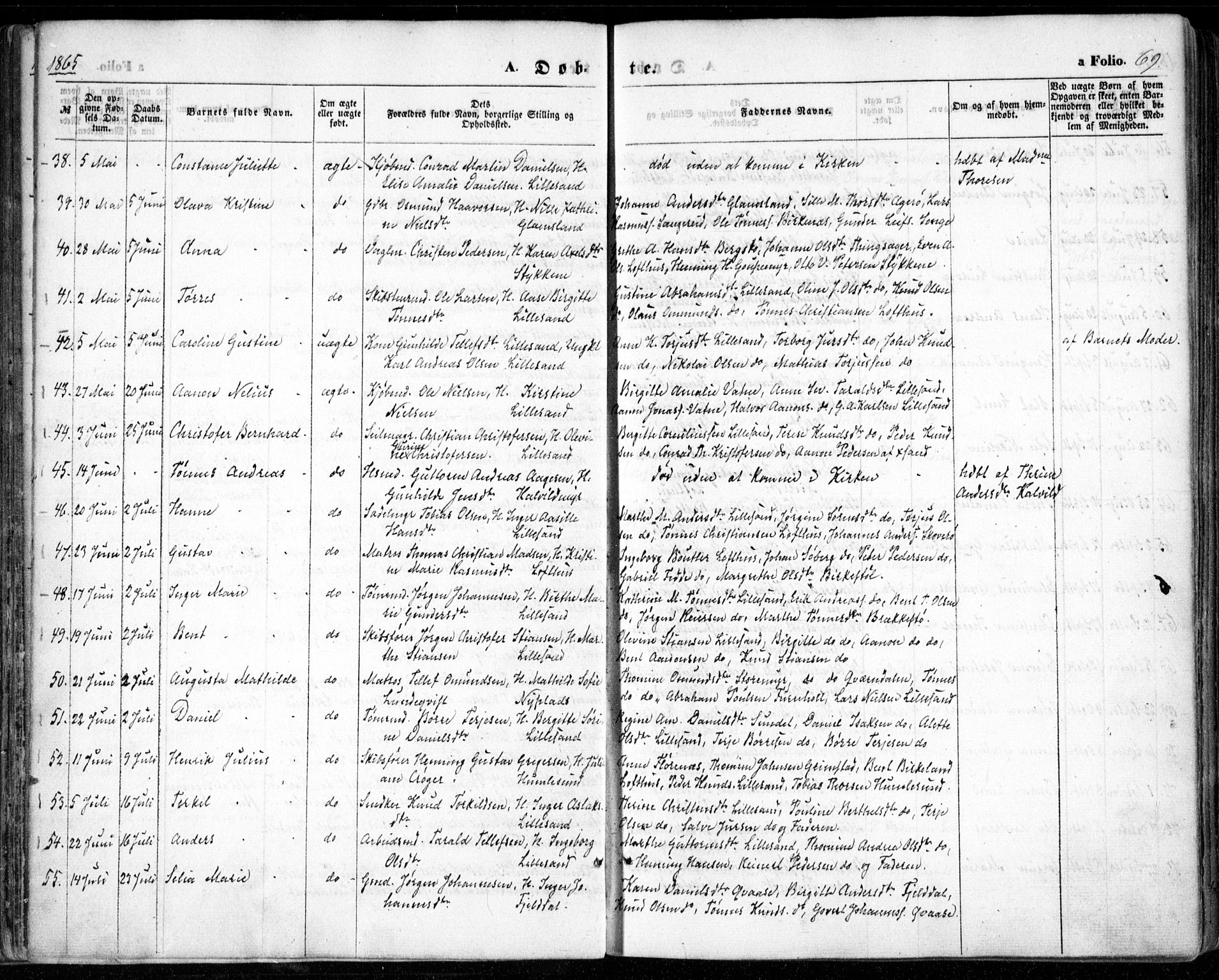Vestre Moland sokneprestkontor, SAK/1111-0046/F/Fa/Fab/L0007: Parish register (official) no. A 7, 1859-1872, p. 69