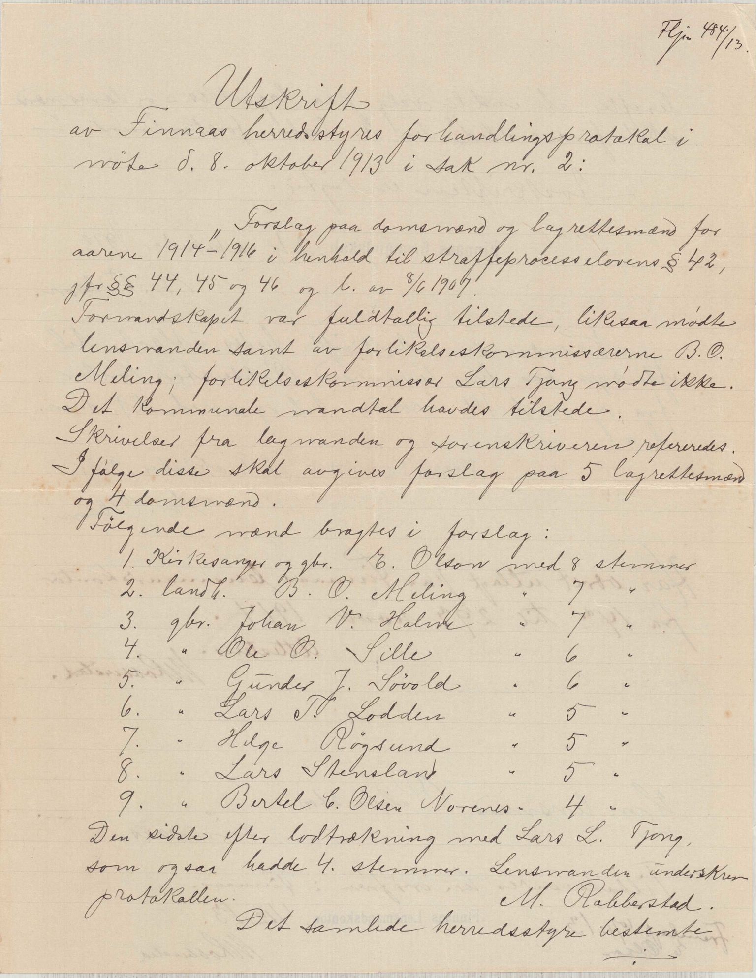 Finnaas kommune. Formannskapet, IKAH/1218a-021/D/Da/L0001/0012: Korrespondanse / saker / Kronologisk ordna korrespondanse , 1913, p. 12