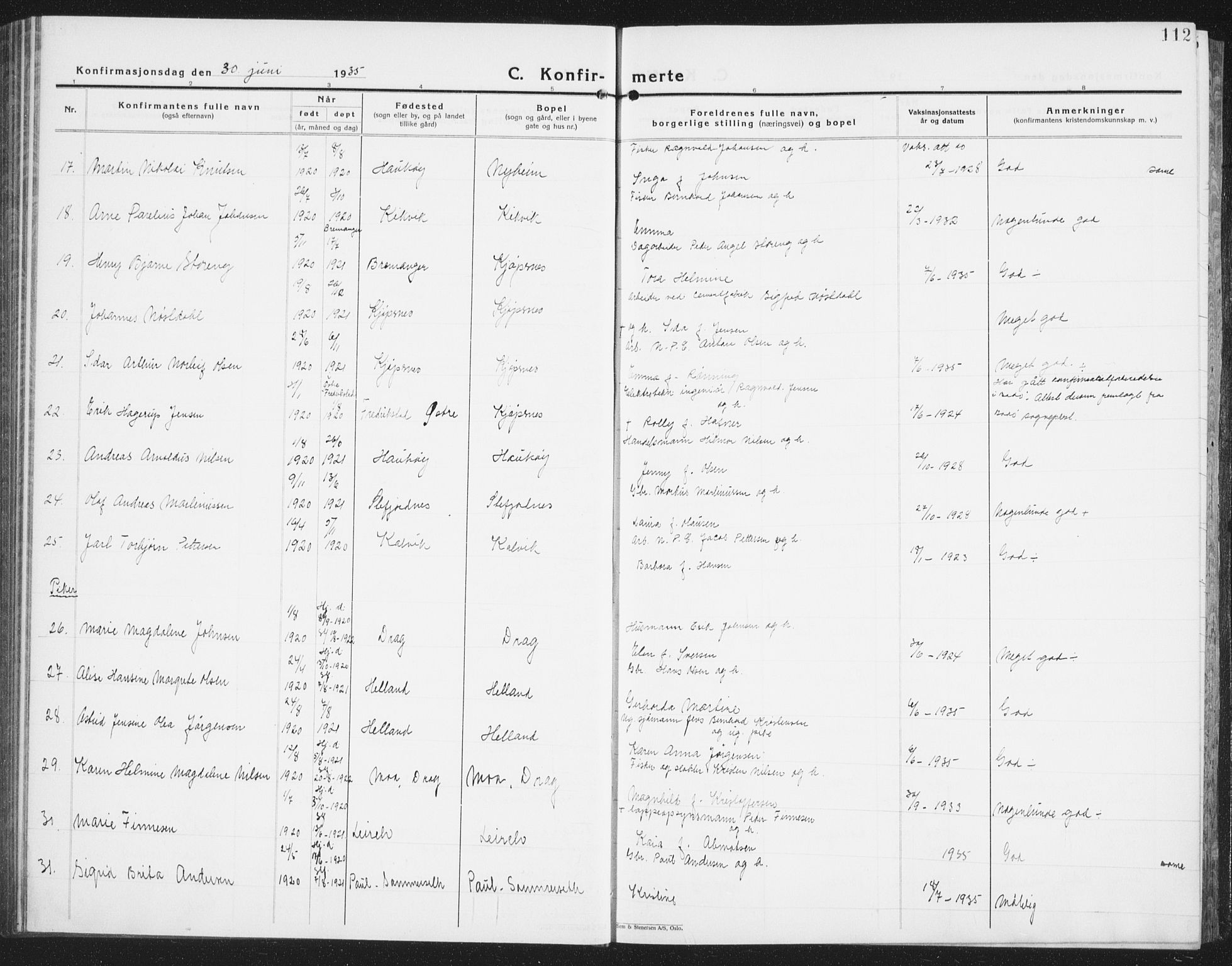 Ministerialprotokoller, klokkerbøker og fødselsregistre - Nordland, AV/SAT-A-1459/861/L0879: Parish register (copy) no. 861C05, 1926-1939, p. 112