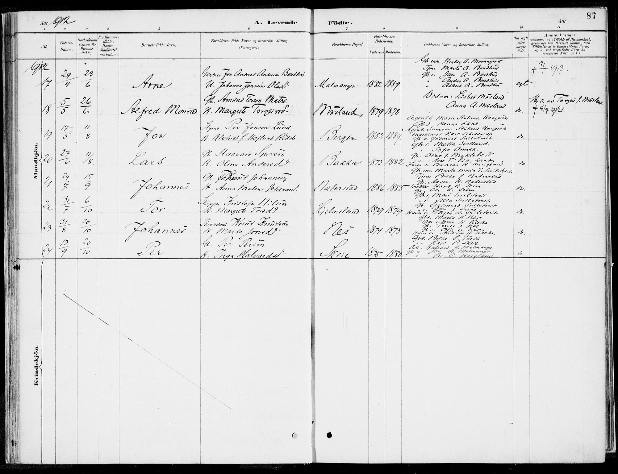 Kvinnherad sokneprestembete, AV/SAB-A-76401/H/Haa: Parish register (official) no. B  1, 1887-1921, p. 87