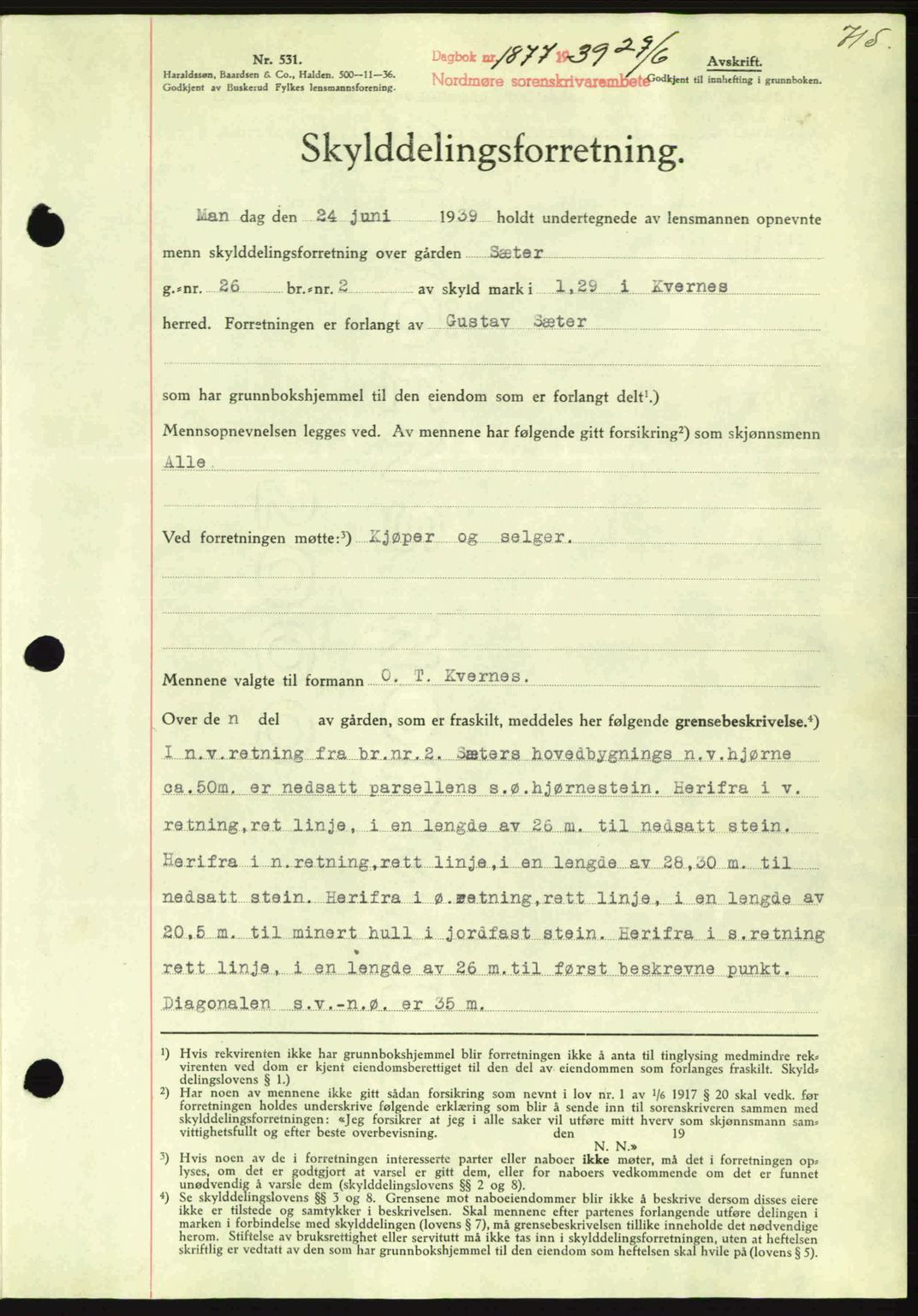 Nordmøre sorenskriveri, AV/SAT-A-4132/1/2/2Ca: Mortgage book no. A86, 1939-1939, Diary no: : 1877/1939