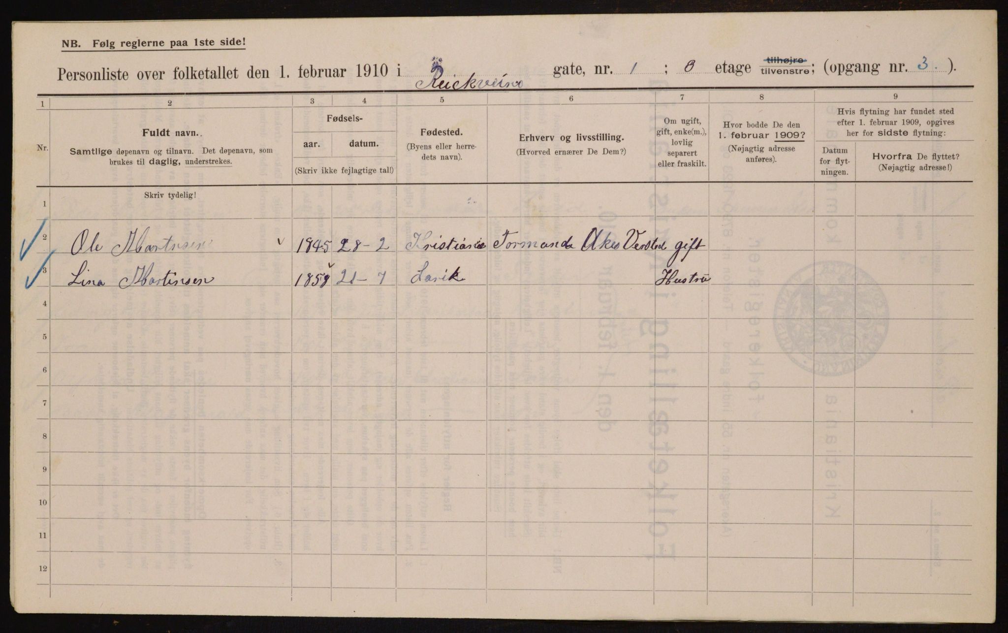 OBA, Municipal Census 1910 for Kristiania, 1910, p. 79008