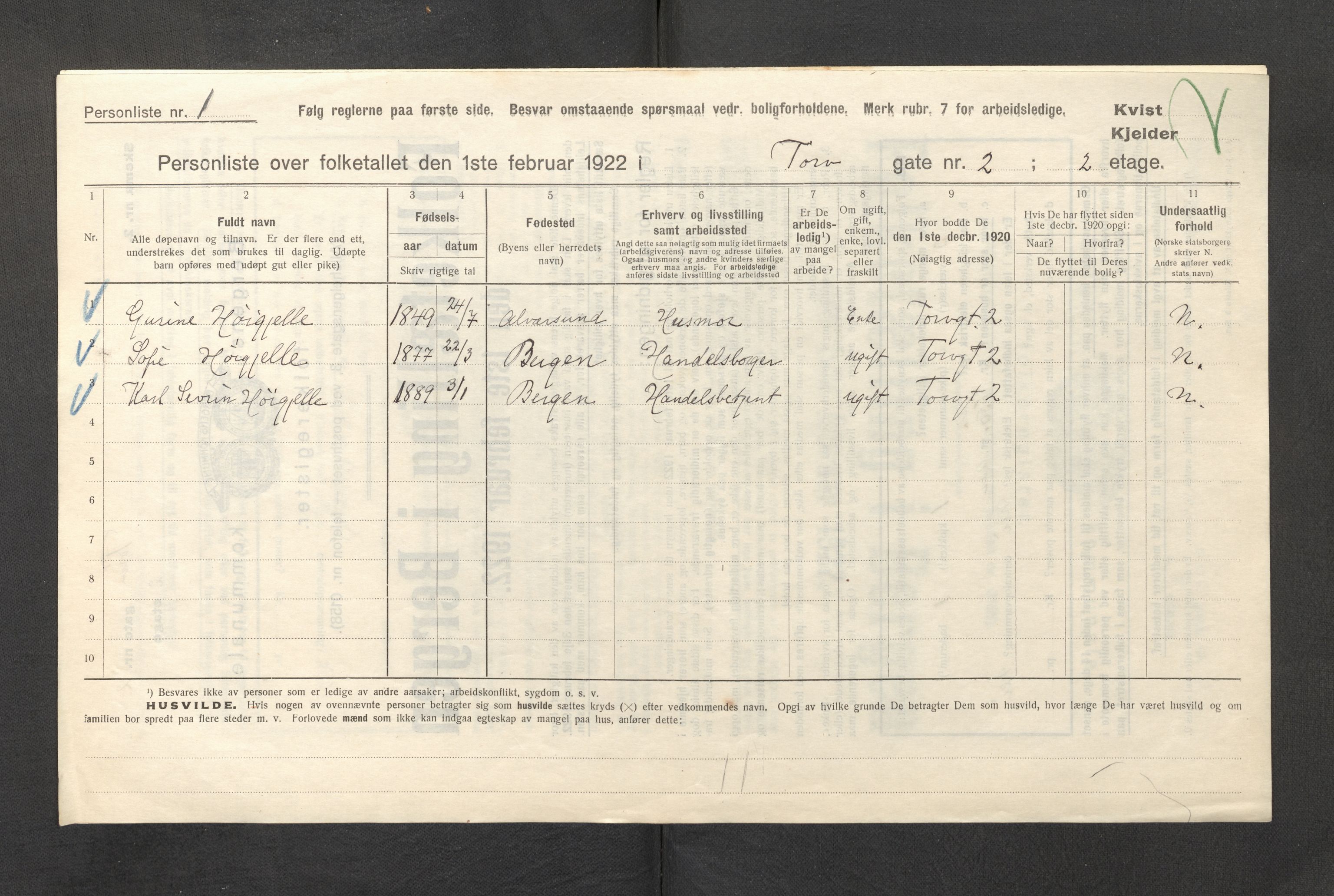 SAB, Municipal Census 1922 for Bergen, 1922, p. 44568