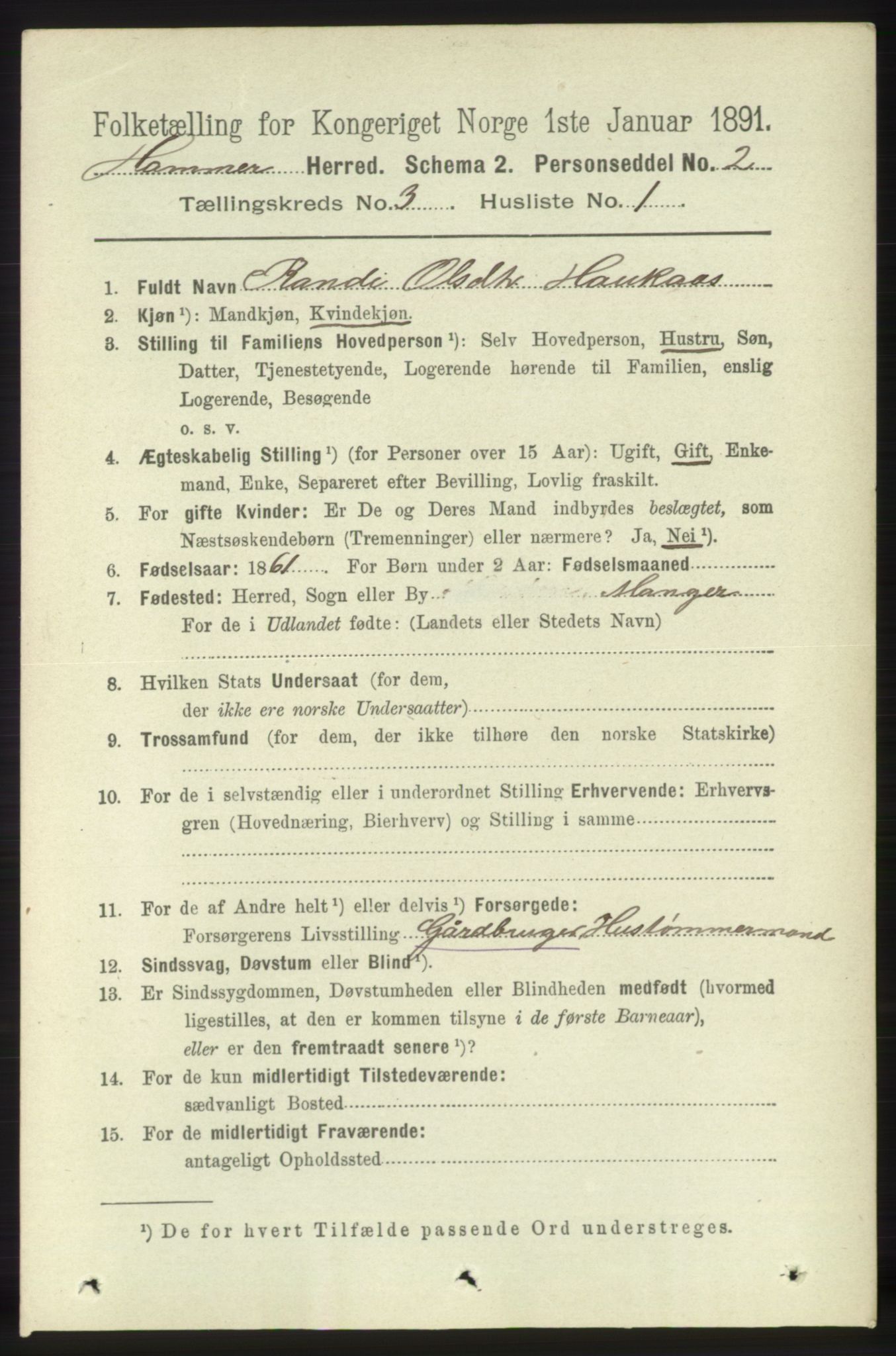 RA, 1891 census for 1254 Hamre, 1891, p. 535