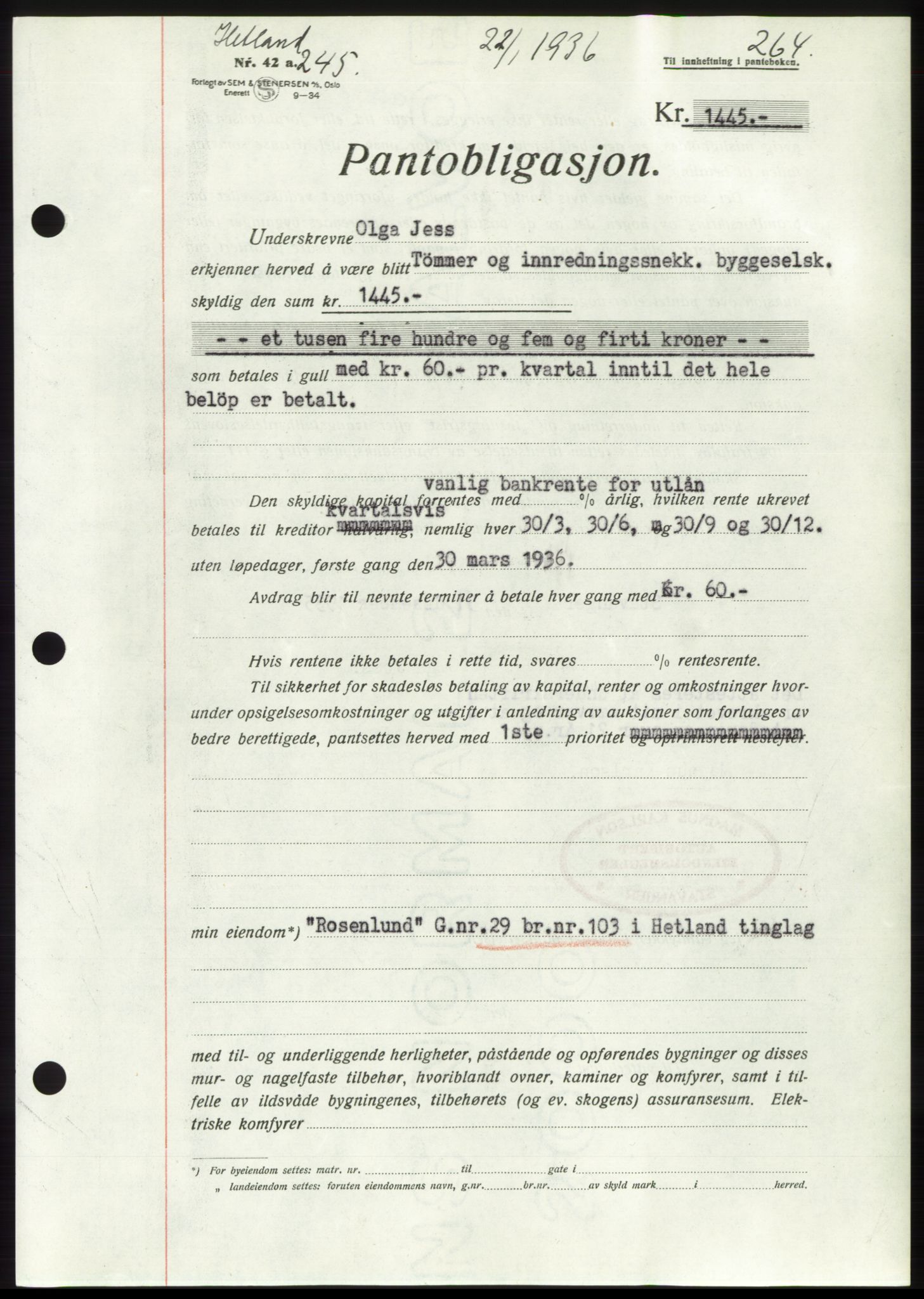 Jæren sorenskriveri, SAST/A-100310/03/G/Gba/L0064: Mortgage book no. 70, 1935-1936, Deed date: 22.01.1936