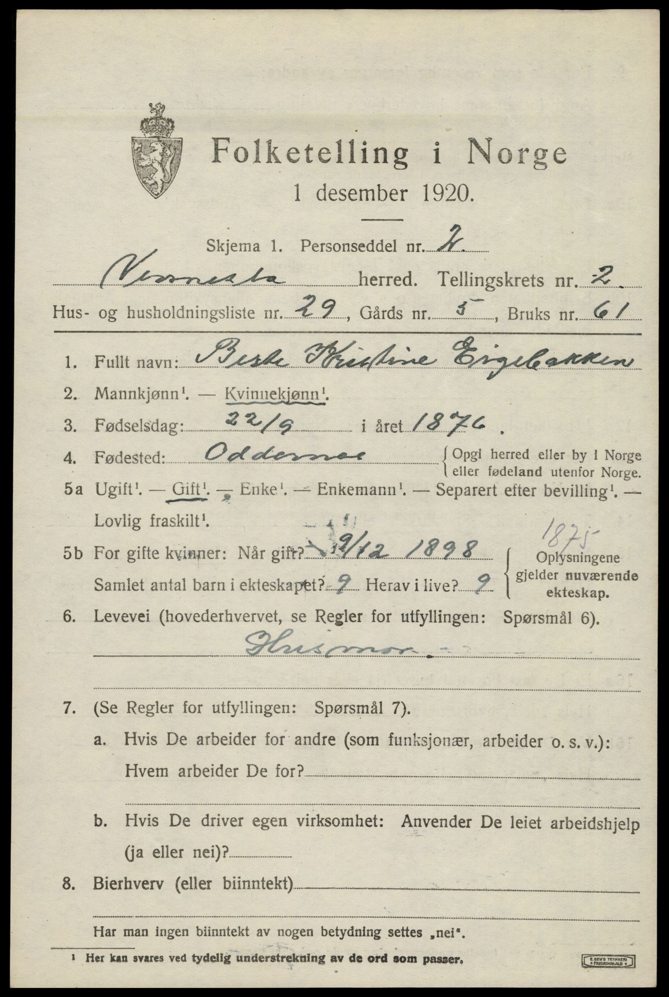 SAK, 1920 census for Vennesla, 1920, p. 1820