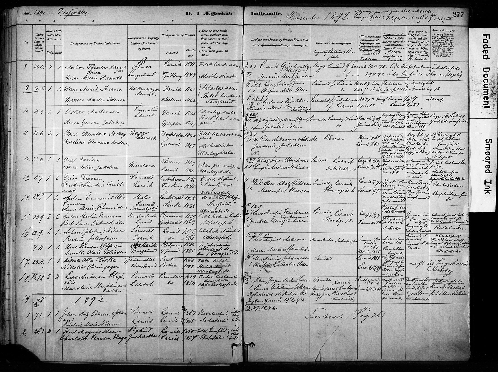 Larvik kirkebøker, AV/SAKO-A-352/F/Fa/L0008: Parish register (official) no. I 8, 1884-1902, p. 277