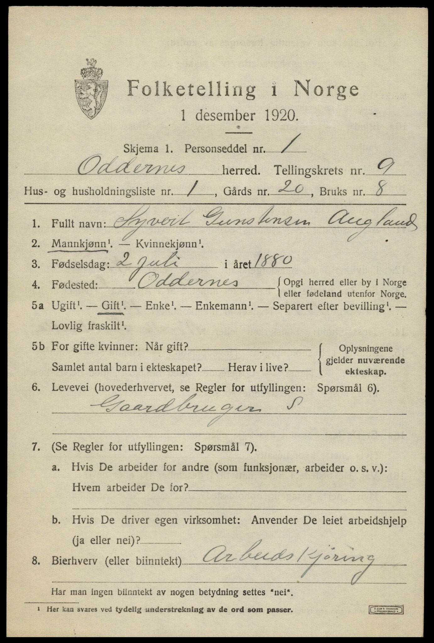 SAK, 1920 census for Oddernes, 1920, p. 6043