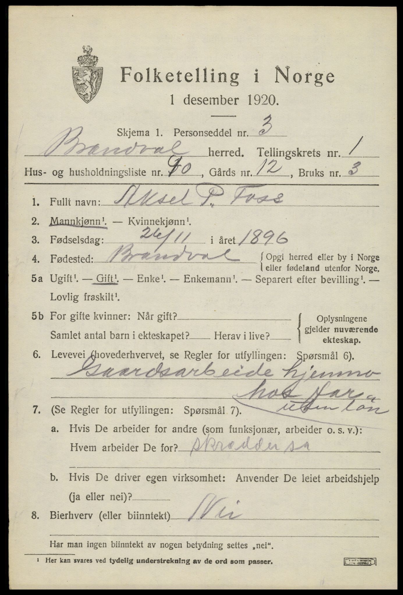 SAH, 1920 census for Brandval, 1920, p. 2028