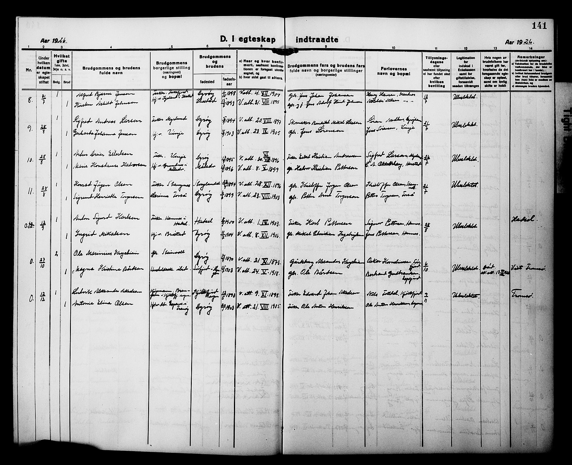 Tranøy sokneprestkontor, AV/SATØ-S-1313/I/Ia/Iab/L0015klokker: Parish register (copy) no. 15, 1918-1930, p. 141