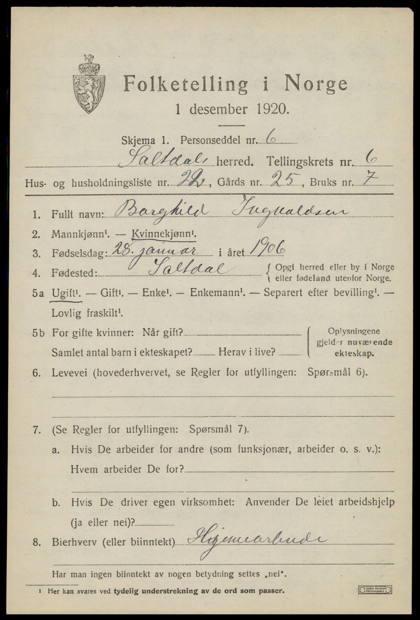 SAT, 1920 census for Saltdal, 1920, p. 7619