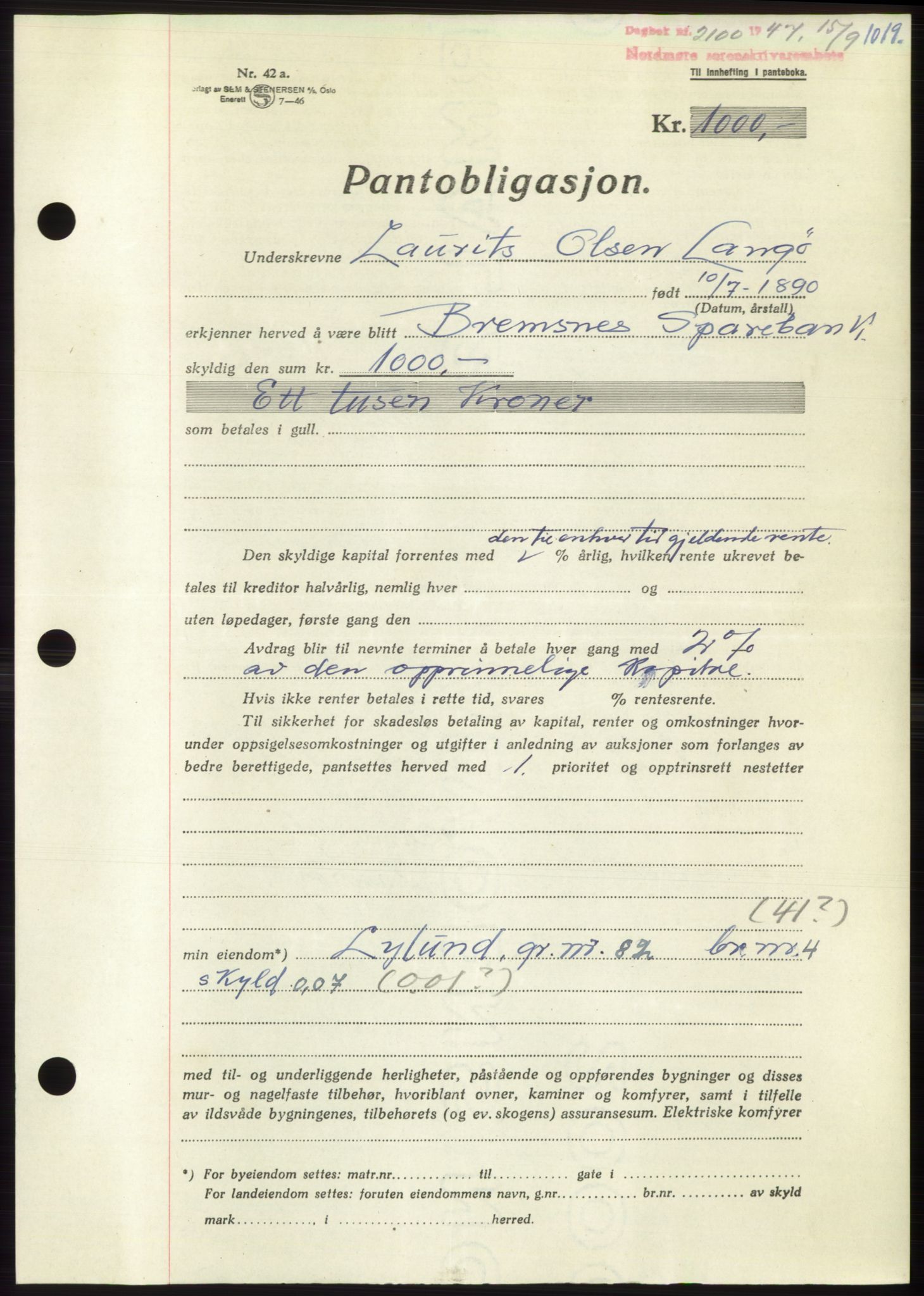 Nordmøre sorenskriveri, AV/SAT-A-4132/1/2/2Ca: Mortgage book no. B96, 1947-1947, Diary no: : 2100/1947