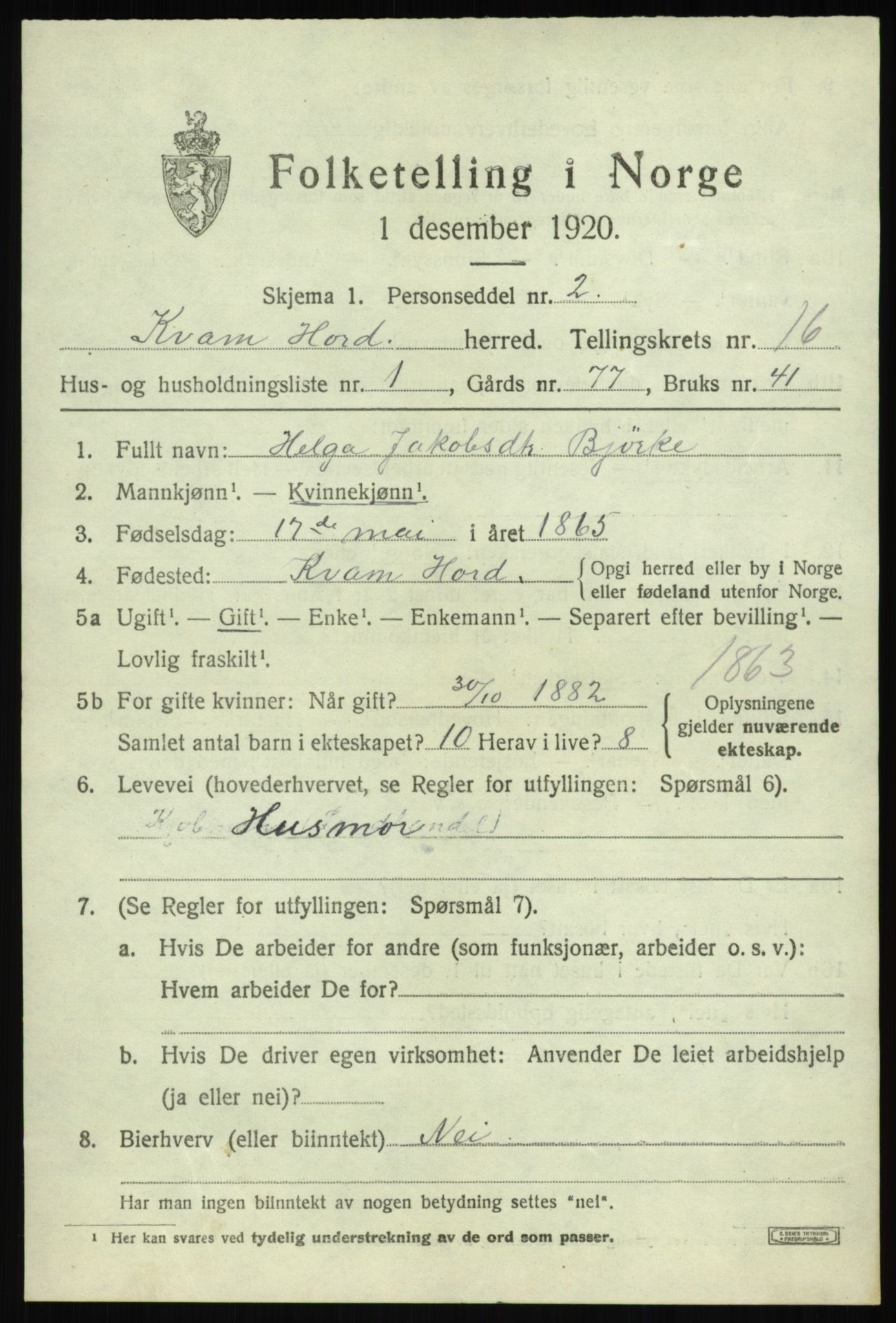 SAB, 1920 census for Kvam, 1920, p. 8863