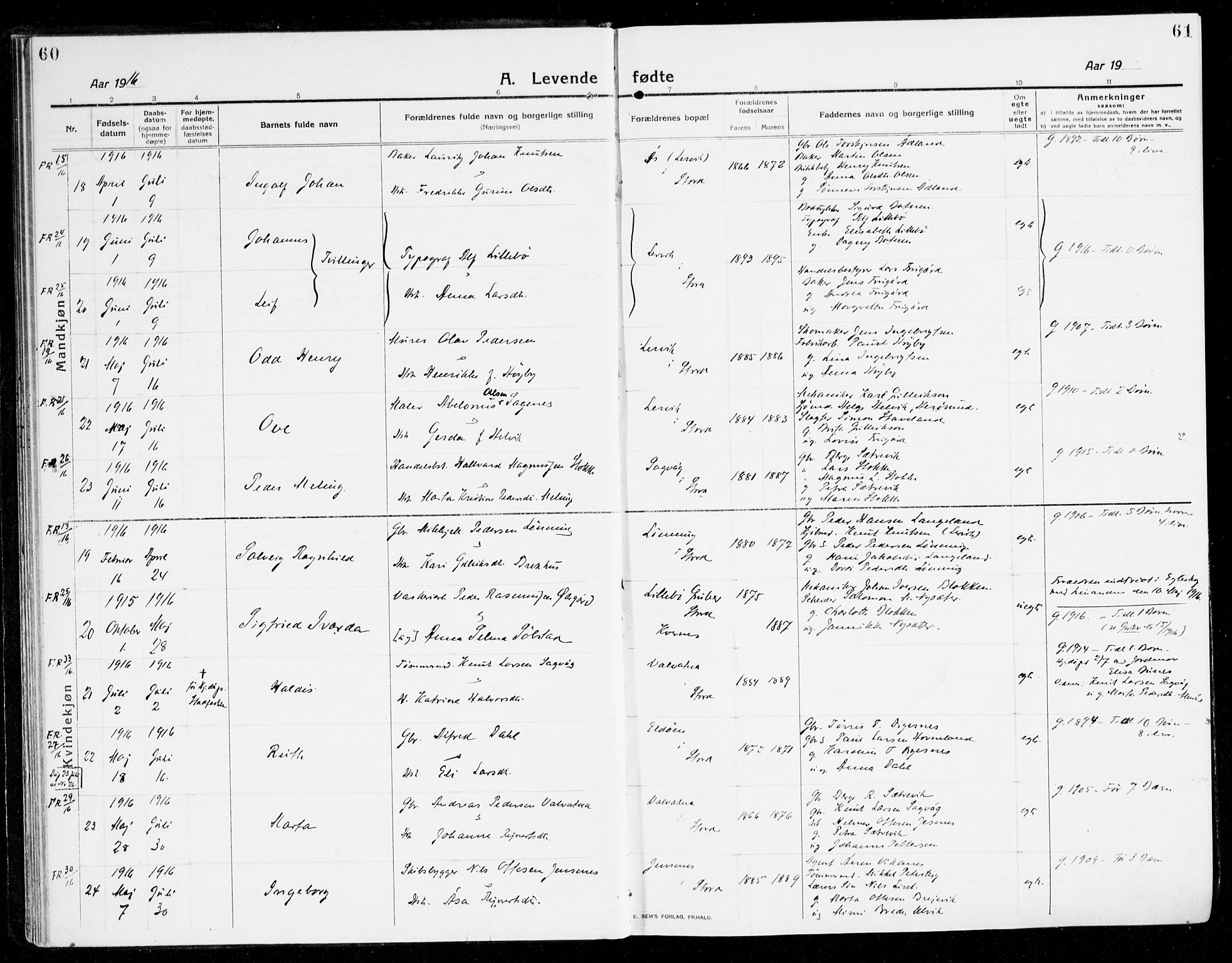 Stord sokneprestembete, AV/SAB-A-78201/H/Haa: Parish register (official) no. B 3, 1913-1925, p. 60-61