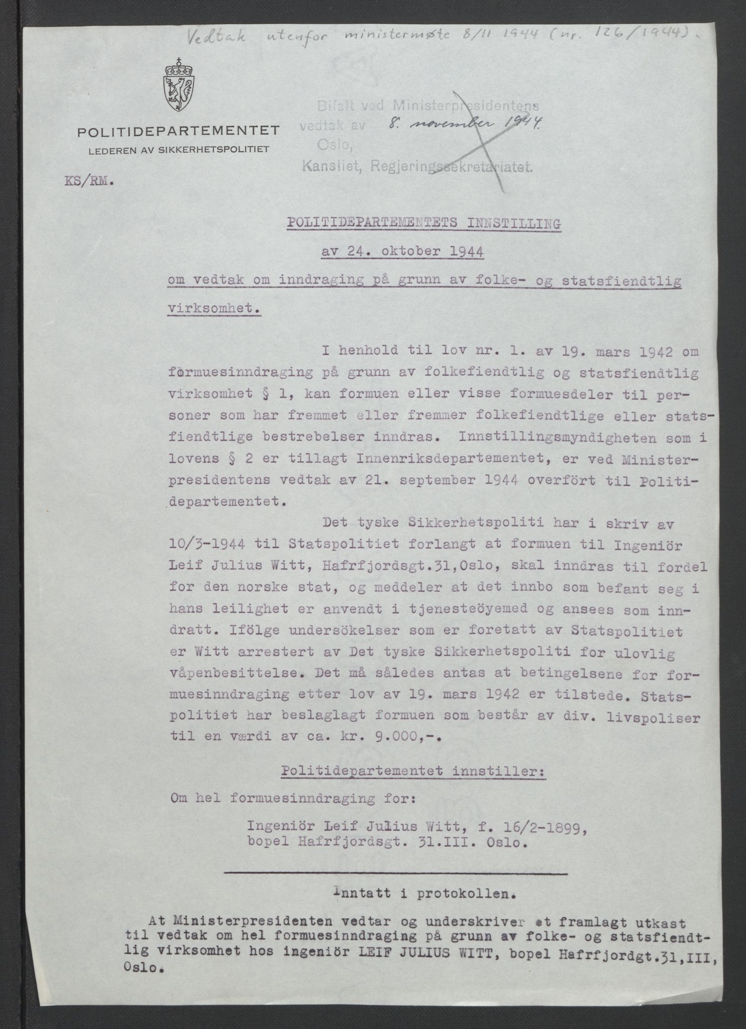 NS-administrasjonen 1940-1945 (Statsrådsekretariatet, de kommisariske statsråder mm), RA/S-4279/D/Db/L0090: Foredrag til vedtak utenfor ministermøte, 1942-1945, p. 440