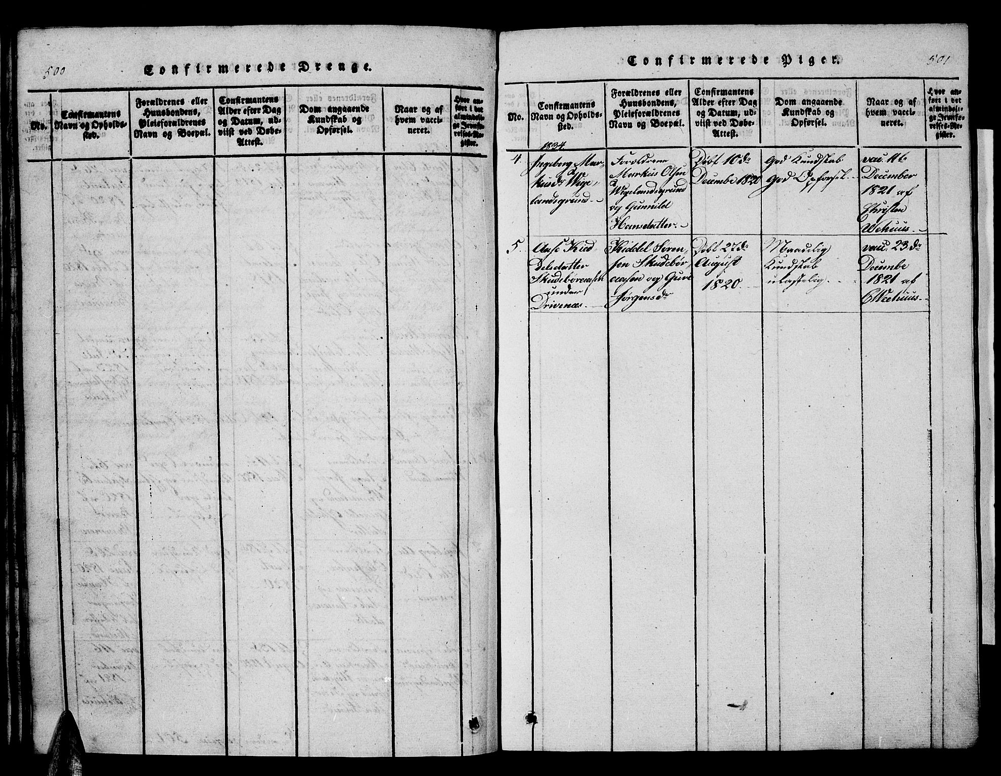 Vennesla sokneprestkontor, AV/SAK-1111-0045/Fb/Fbb/L0001: Parish register (copy) no. B 1, 1820-1834, p. 500-501