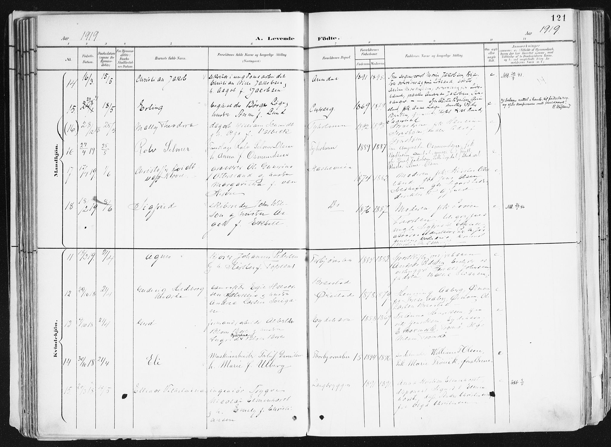 Arendal sokneprestkontor, Trefoldighet, SAK/1111-0040/F/Fa/L0010: Parish register (official) no. A 10, 1900-1919, p. 121