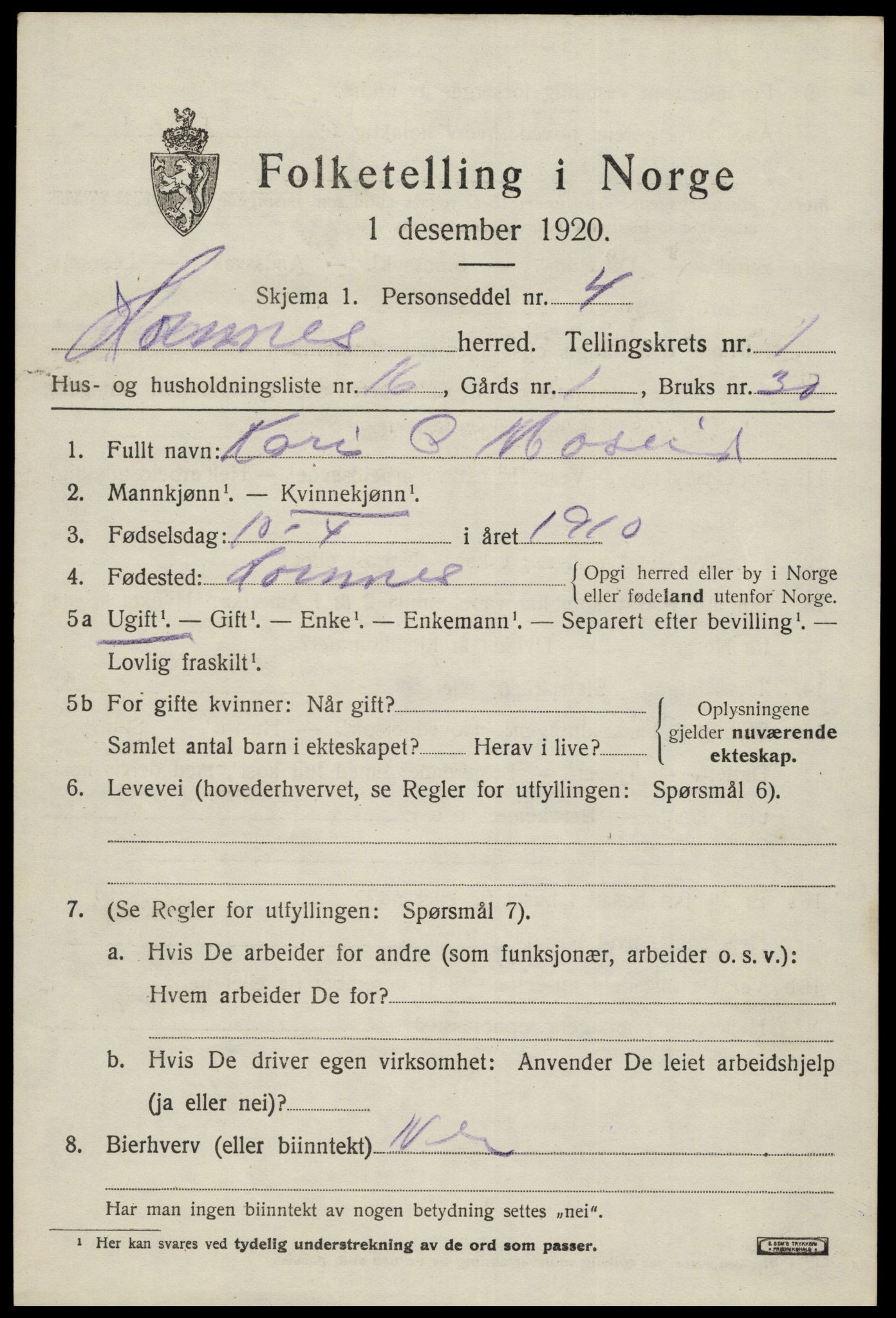 SAK, 1920 census for Hornnes, 1920, p. 693