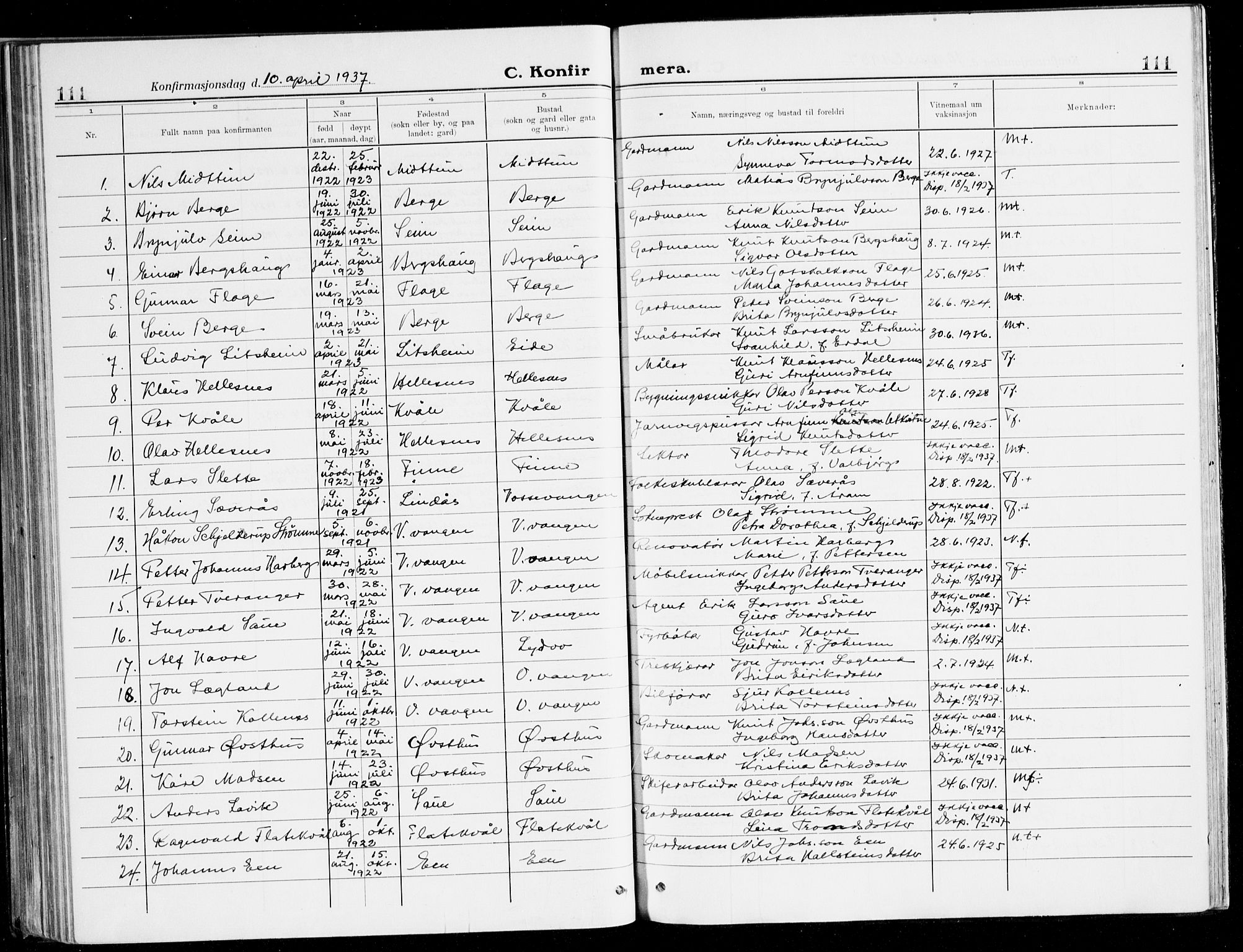 Voss sokneprestembete, SAB/A-79001/H/Haa: Parish register (official) no. B 3, 1922-1942, p. 111