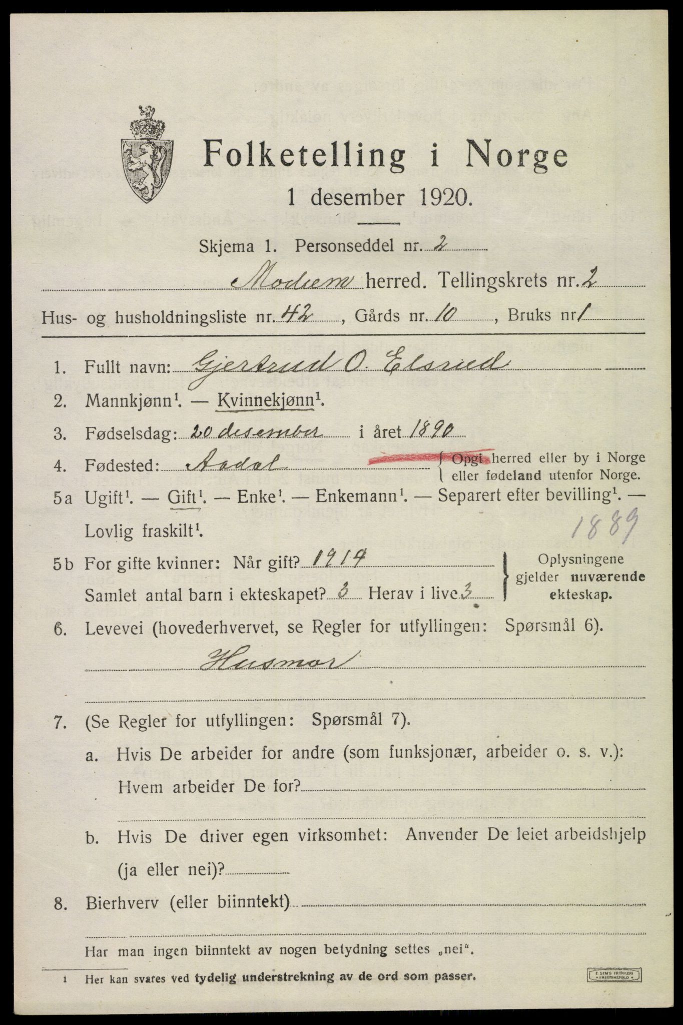 SAKO, 1920 census for Modum, 1920, p. 4673