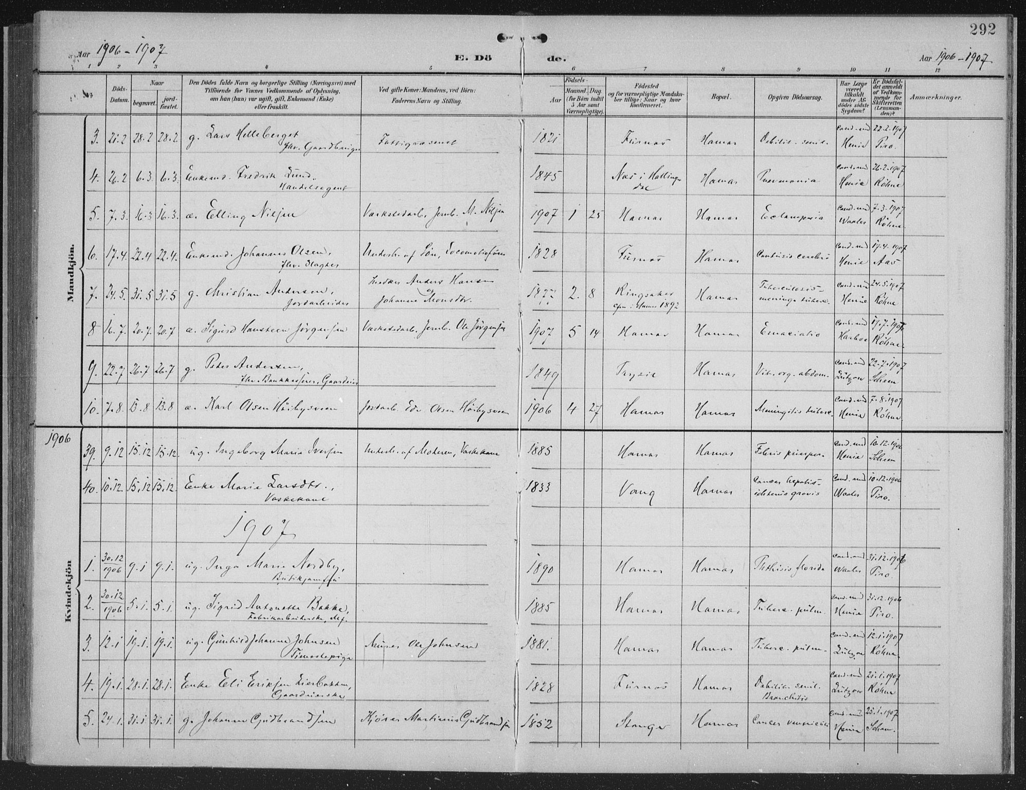 Hamar prestekontor, SAH/DOMPH-002/H/Ha/Haa/L0001: Parish register (official) no. 1, 1900-1914, p. 292