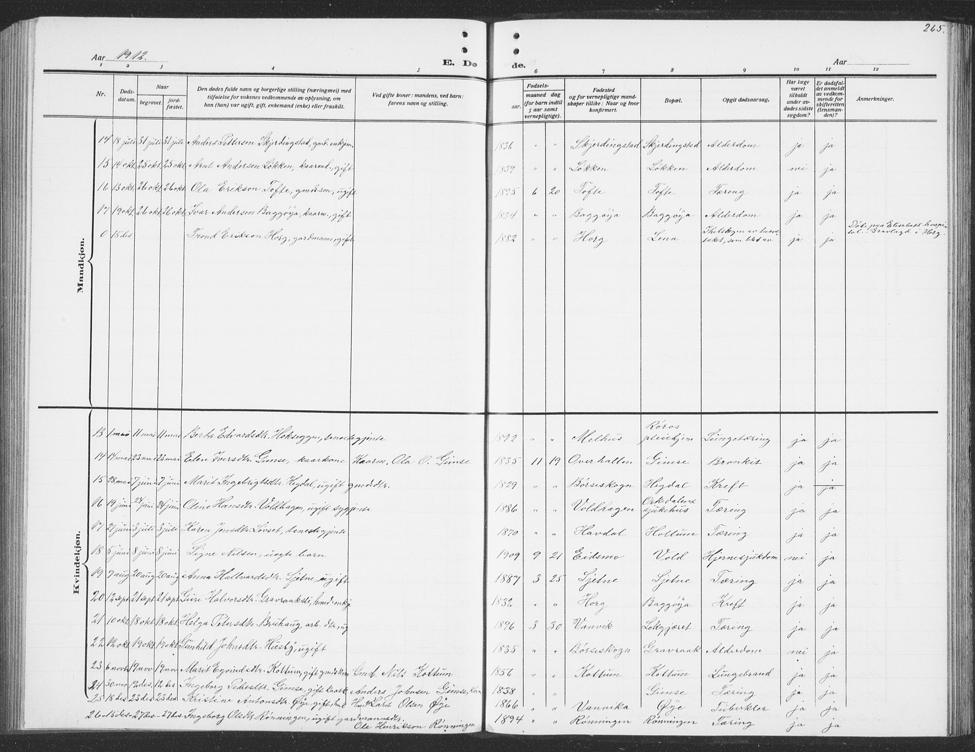 Ministerialprotokoller, klokkerbøker og fødselsregistre - Sør-Trøndelag, SAT/A-1456/691/L1095: Parish register (copy) no. 691C06, 1912-1933, p. 265