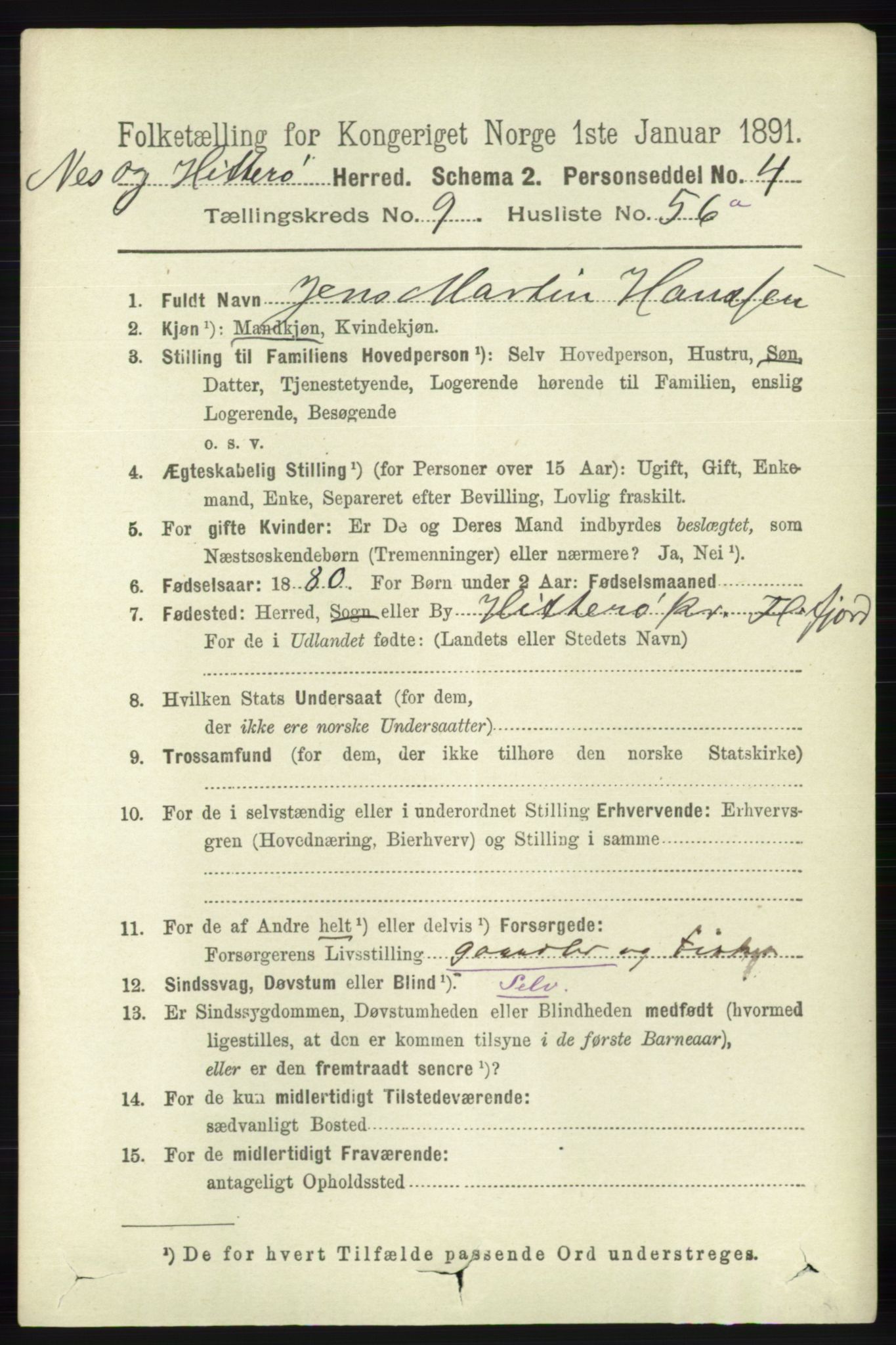 RA, 1891 census for 1043 Hidra og Nes, 1891, p. 4083