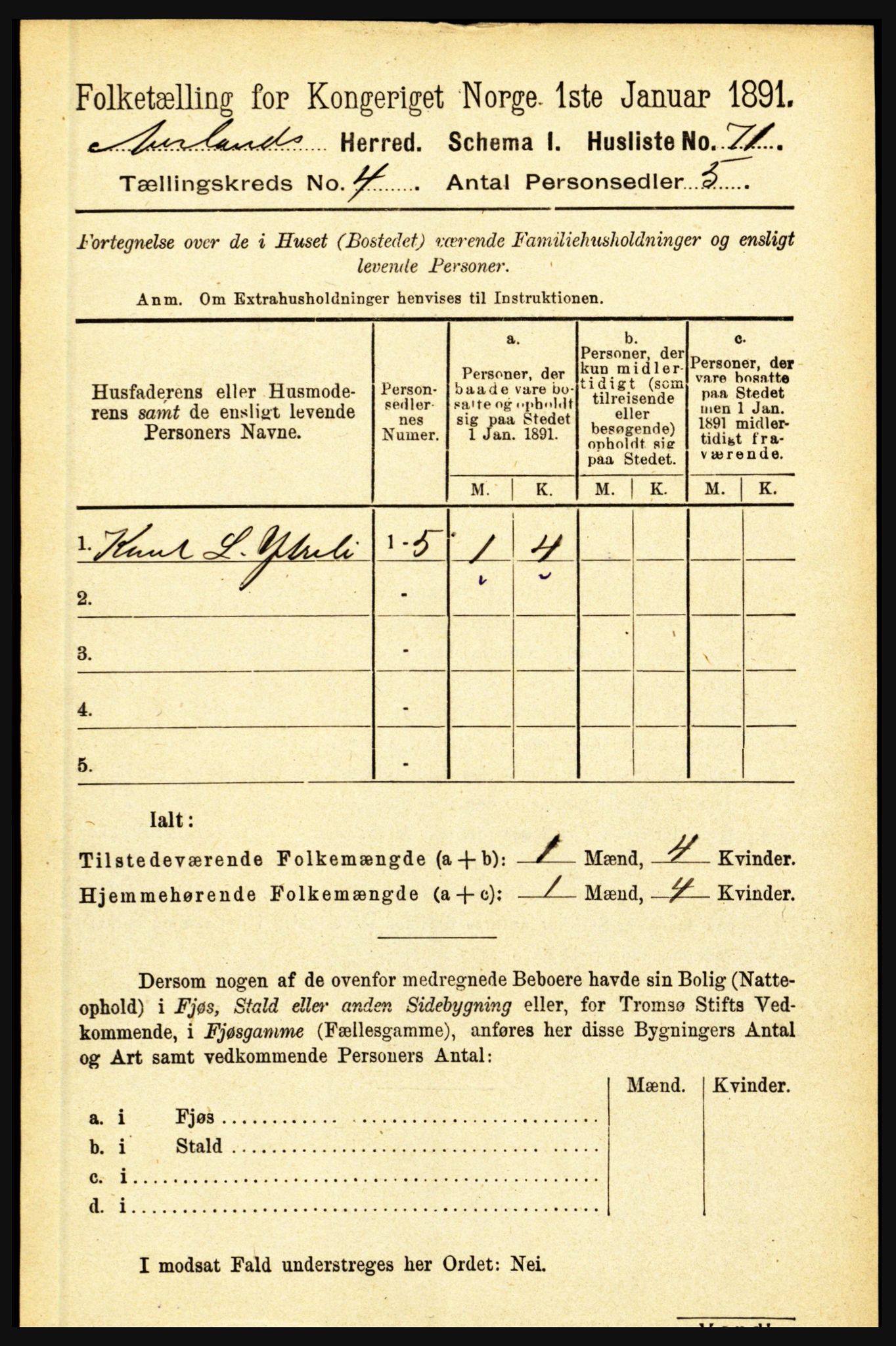 RA, 1891 census for 1421 Aurland, 1891, p. 1355