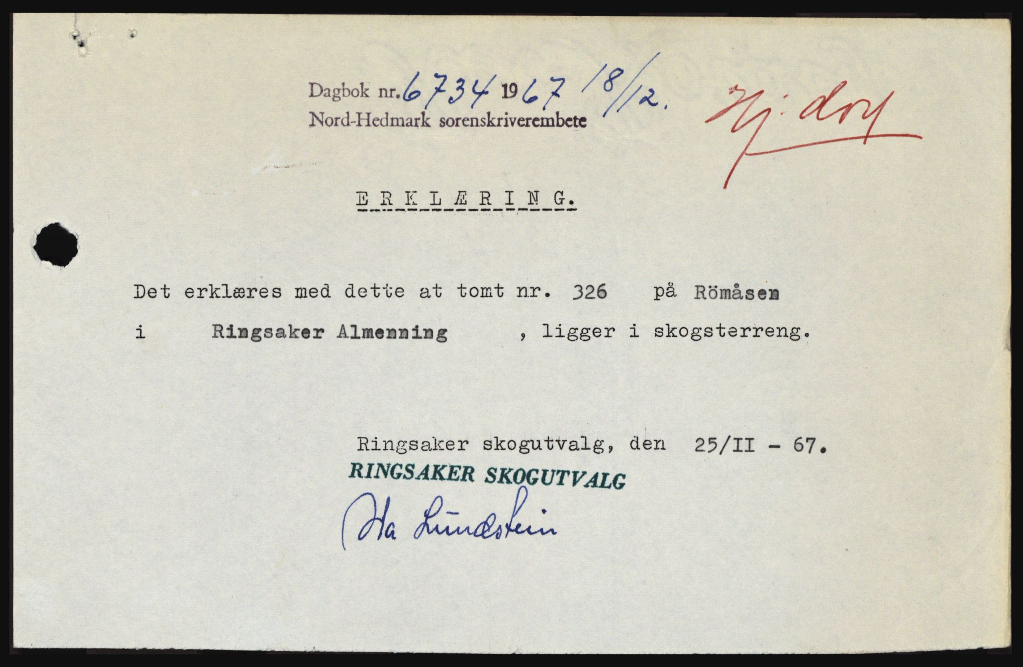 Nord-Hedmark sorenskriveri, SAH/TING-012/H/Hc/L0027: Mortgage book no. 27, 1967-1968, Diary no: : 6734/1967