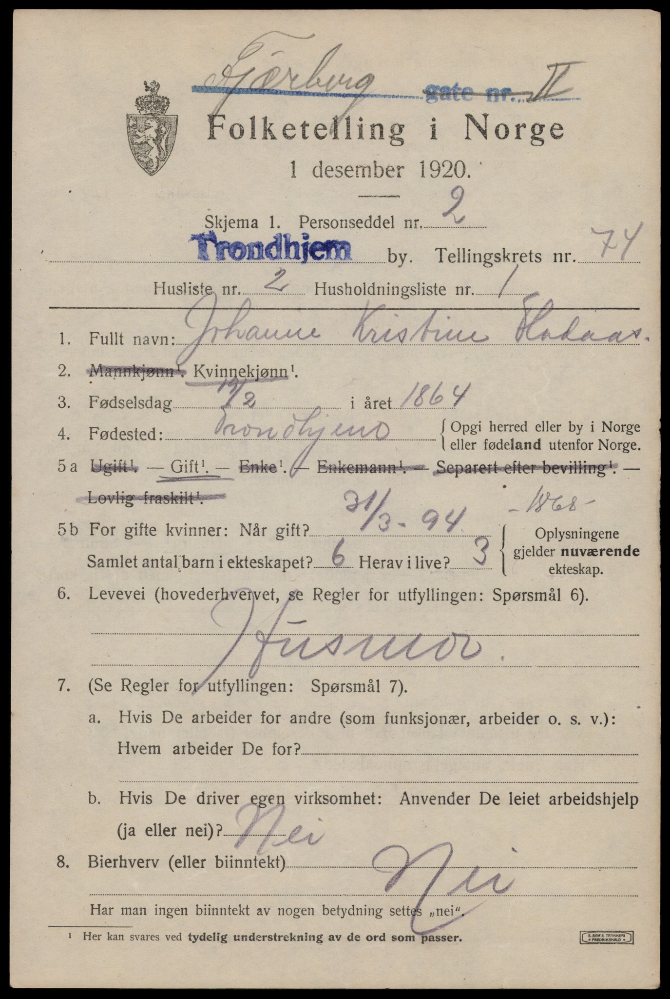 SAT, 1920 census for Trondheim, 1920, p. 143782