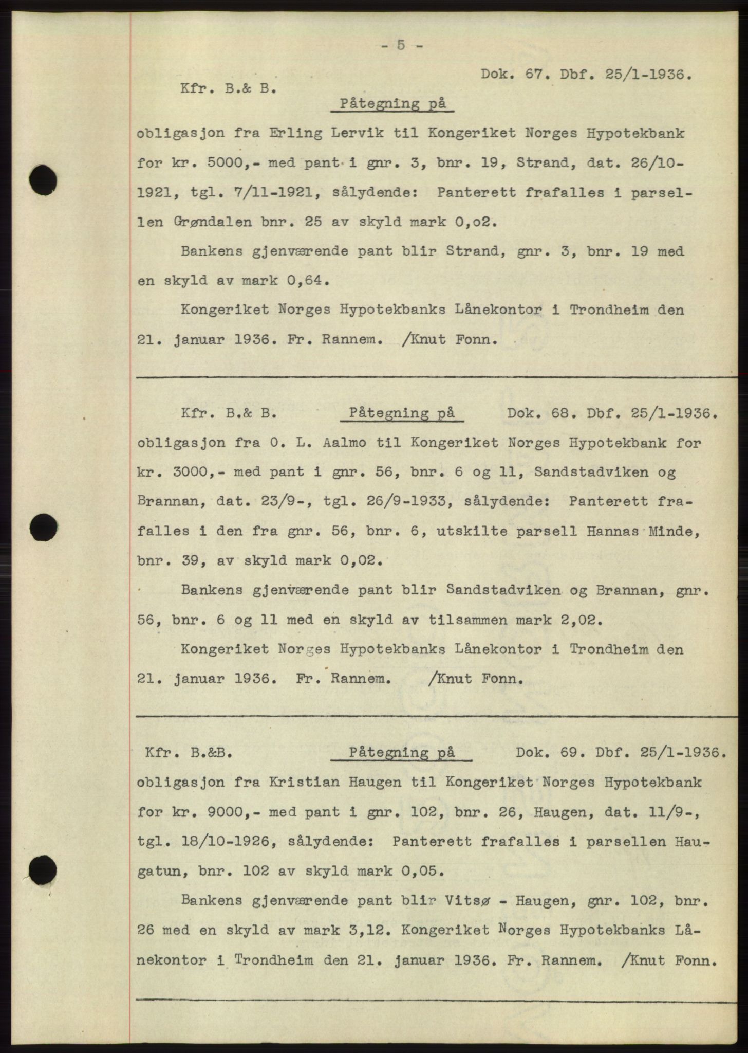 Hitra sorenskriveri, AV/SAT-A-0018/2/2C/2Ca: Mortgage book no. C1, 1936-1945, Diary no: : 67/1936