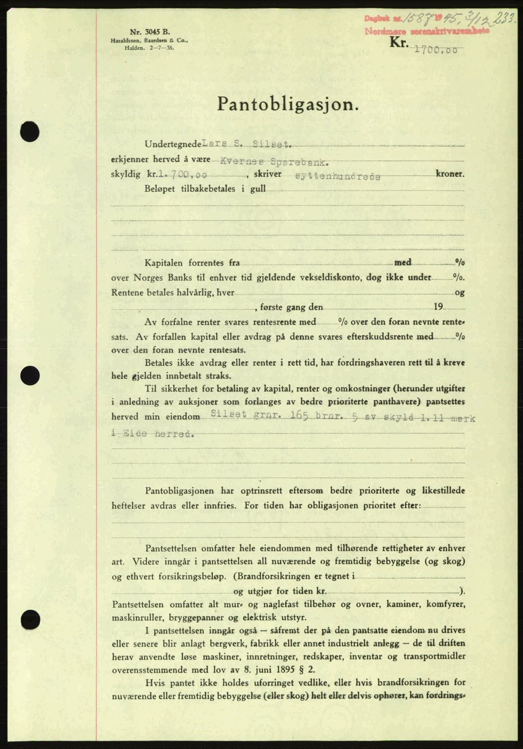 Nordmøre sorenskriveri, AV/SAT-A-4132/1/2/2Ca: Mortgage book no. B93a, 1945-1945, Diary no: : 1587/1945