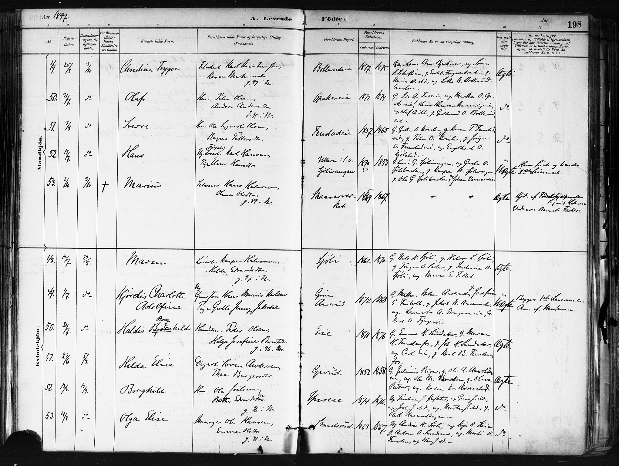 Nes prestekontor Kirkebøker, AV/SAO-A-10410/F/Fa/L0010: Parish register (official) no. I 10, 1883-1898, p. 198