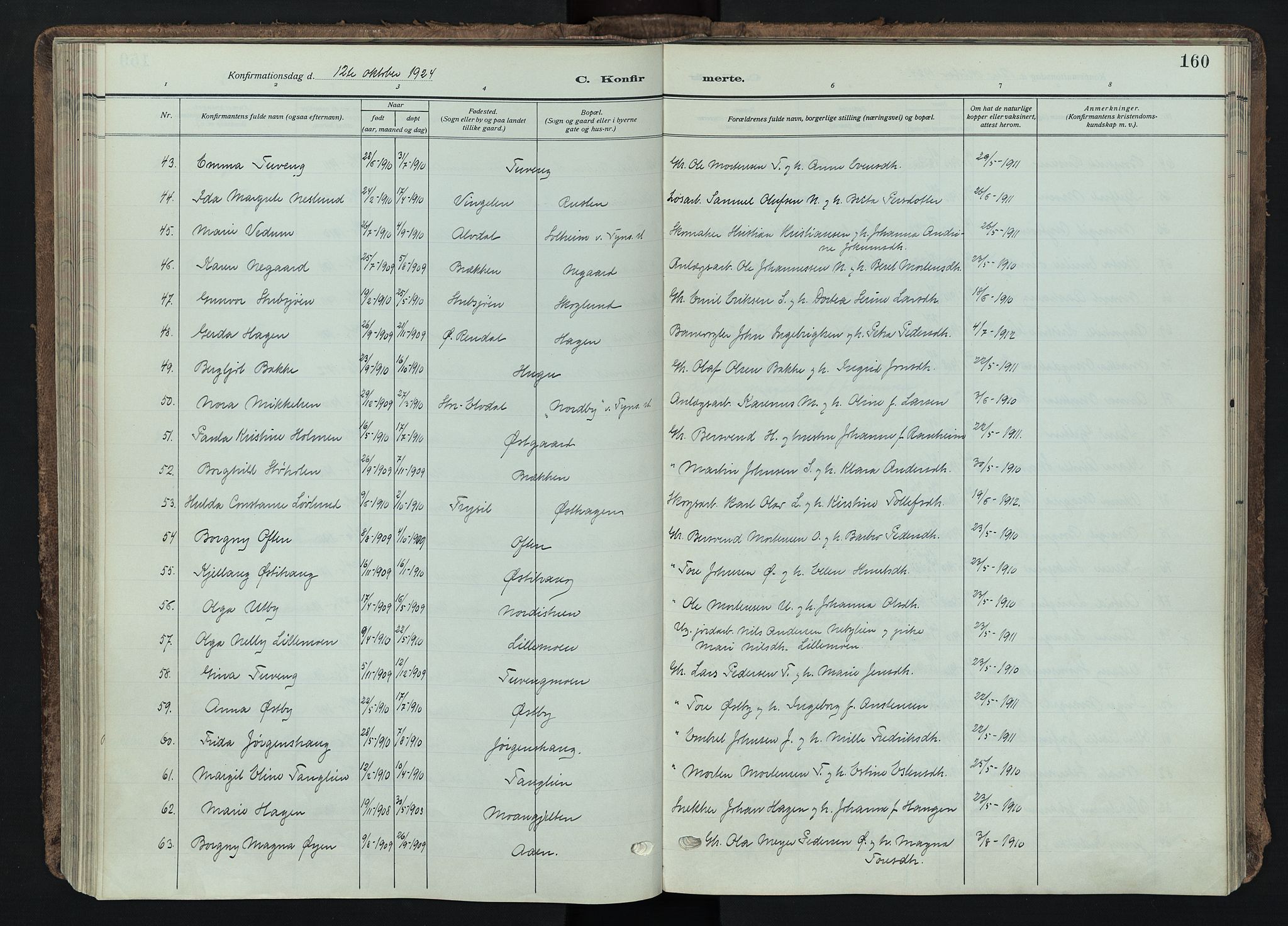 Tynset prestekontor, SAH/PREST-058/H/Ha/Haa/L0026: Parish register (official) no. 26, 1915-1929, p. 160