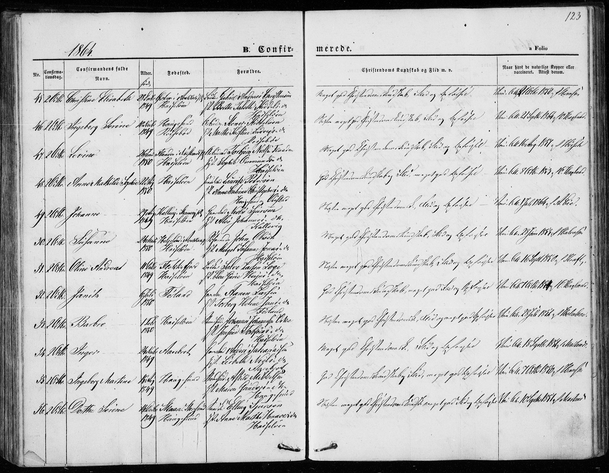 Torvastad sokneprestkontor, AV/SAST-A -101857/H/Ha/Haa/L0011: Parish register (official) no. A 11, 1857-1866, p. 123