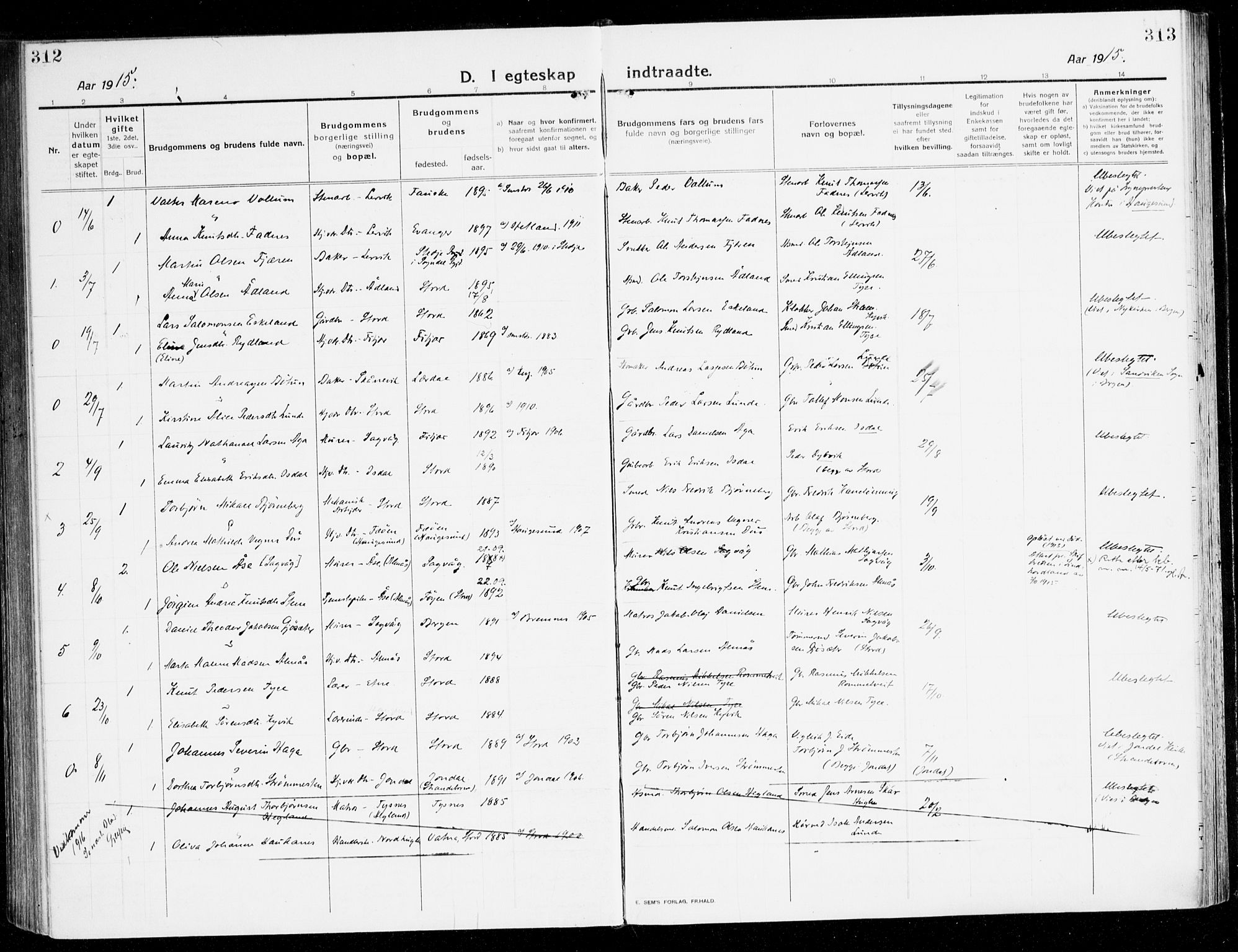 Stord sokneprestembete, AV/SAB-A-78201/H/Haa: Parish register (official) no. B 3, 1913-1925, p. 312-313