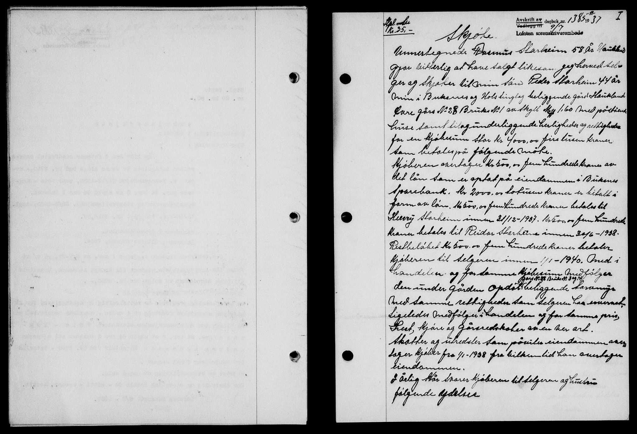 Lofoten sorenskriveri, SAT/A-0017/1/2/2C/L0002a: Mortgage book no. 2a, 1937-1937, Diary no: : 1385/1937