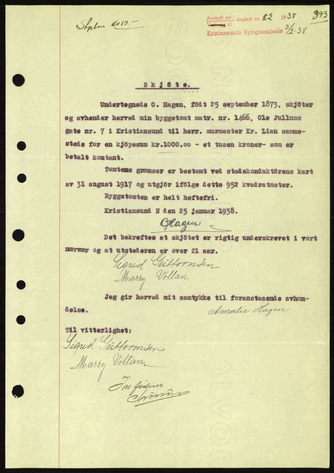 Kristiansund byfogd, AV/SAT-A-4587/A/27: Mortgage book no. 30, 1936-1941, Diary no: : 82/1938